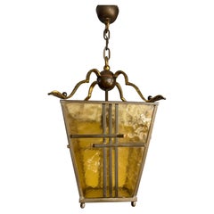 Lampada a sospensione olandese in ottone in stile Arts & Crafts con vetro “Cathedral” originale, 1920 circa