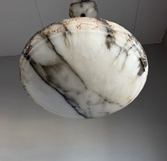 Art Deco Alabaster Pendant Light 23.4 Inch Bowl w Carved Wreath & Dramatic Veins