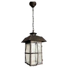 Arts & Crafts Hammered Wrought Iron and Art Glass Entry Hall Lantern, circa 1910