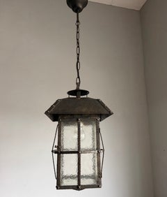 Arts & Crafts Hammered Wrought Iron and Art Glass Entry Hall Lantern, circa 1910