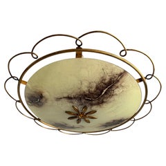 Mid-Century Modern Brass & Marbled Glass Ceiling Light w. Elegant Scroll Gallery