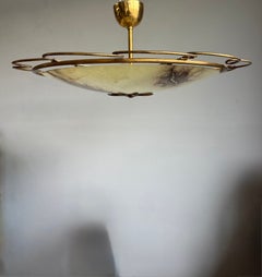 Mid-Century Modern Brass & Marbled Glass Ceiling Light w. Elegant Scroll Gallery