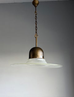Brass and Bubble Glass Pendant Light with Wide Saucer Shade and Warm Patina