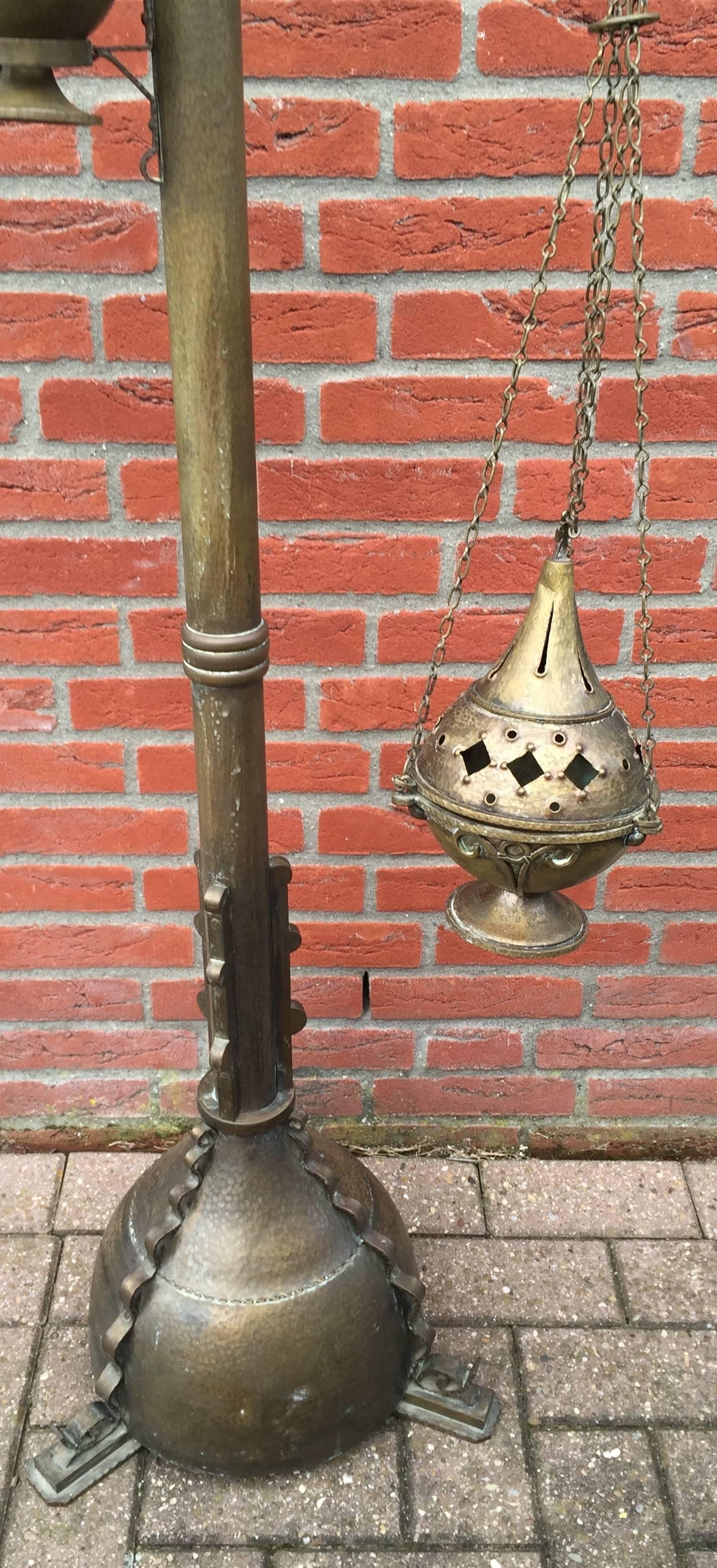 Hammered Arts and Crafts 1900s Brass Floor Stand Incense Burner Religious, Gothic Art