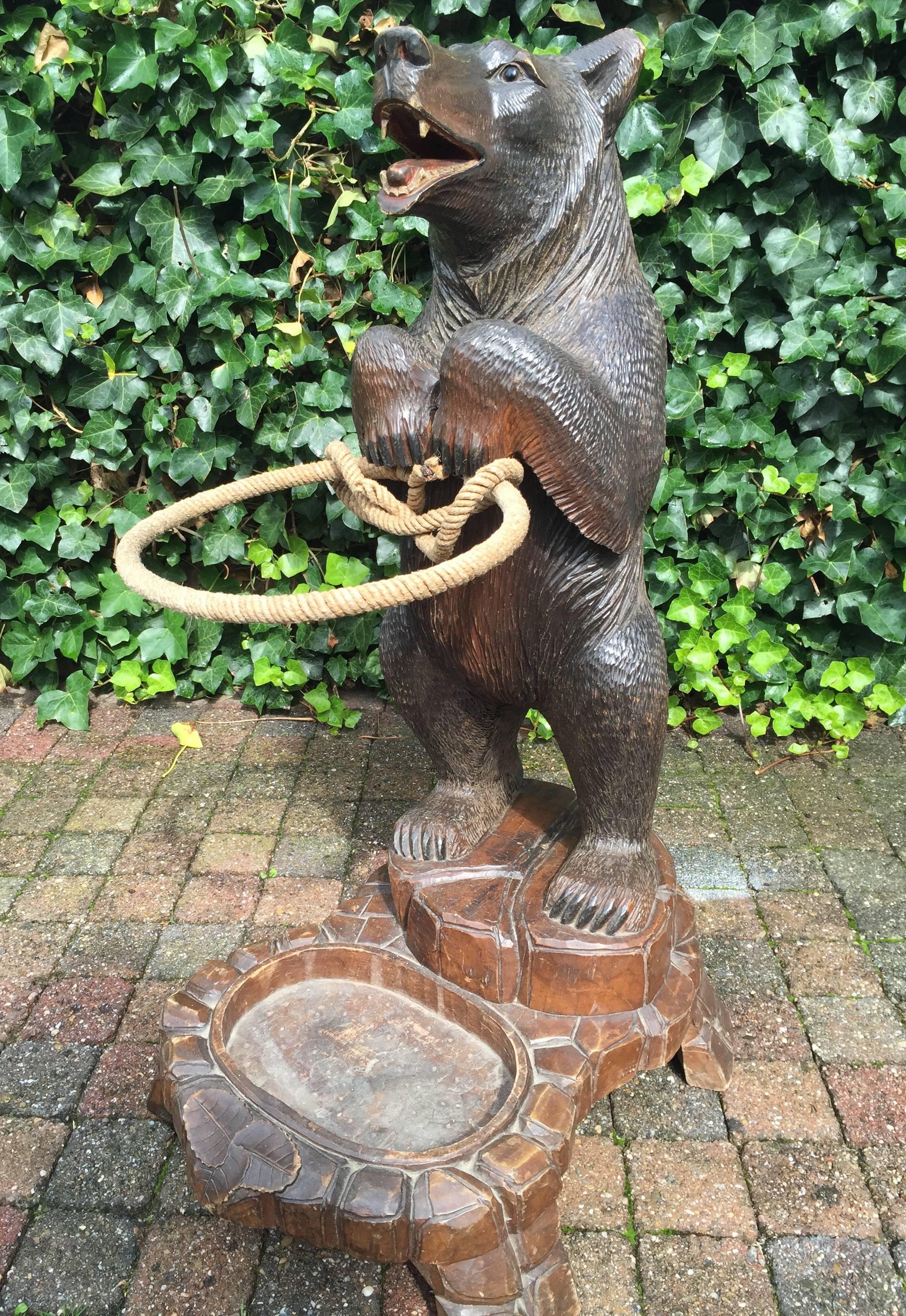Wood Antique Swiss Black Forest Bear Sculpture Cabin Umbrella & Cane Stand, sign Ruef For Sale