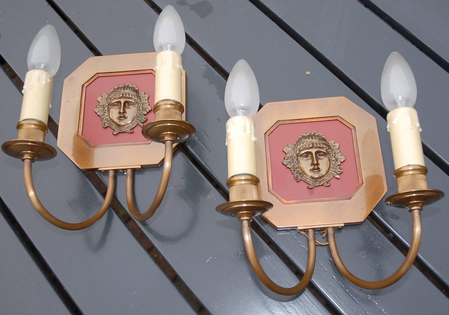 Unique Pair of French Hollywood Maison Charles Bagues Bronze Wall Sconces For Sale 2