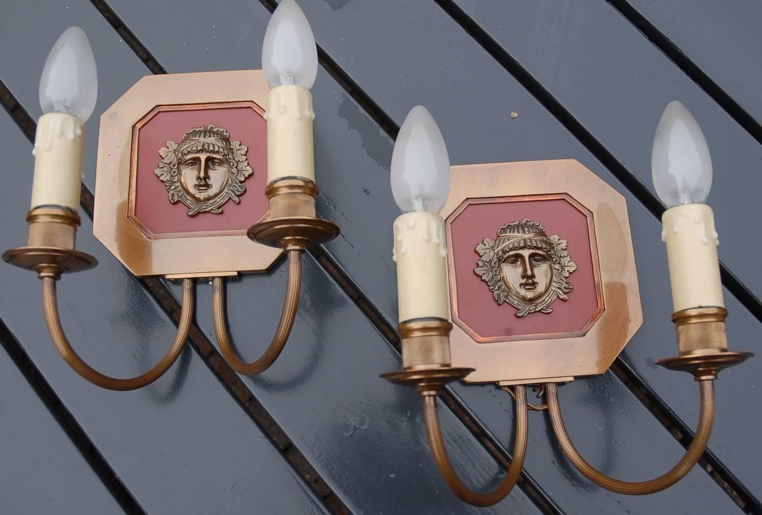 Unique Pair of French Hollywood Maison Charles Bagues Bronze Wall Sconces For Sale 7