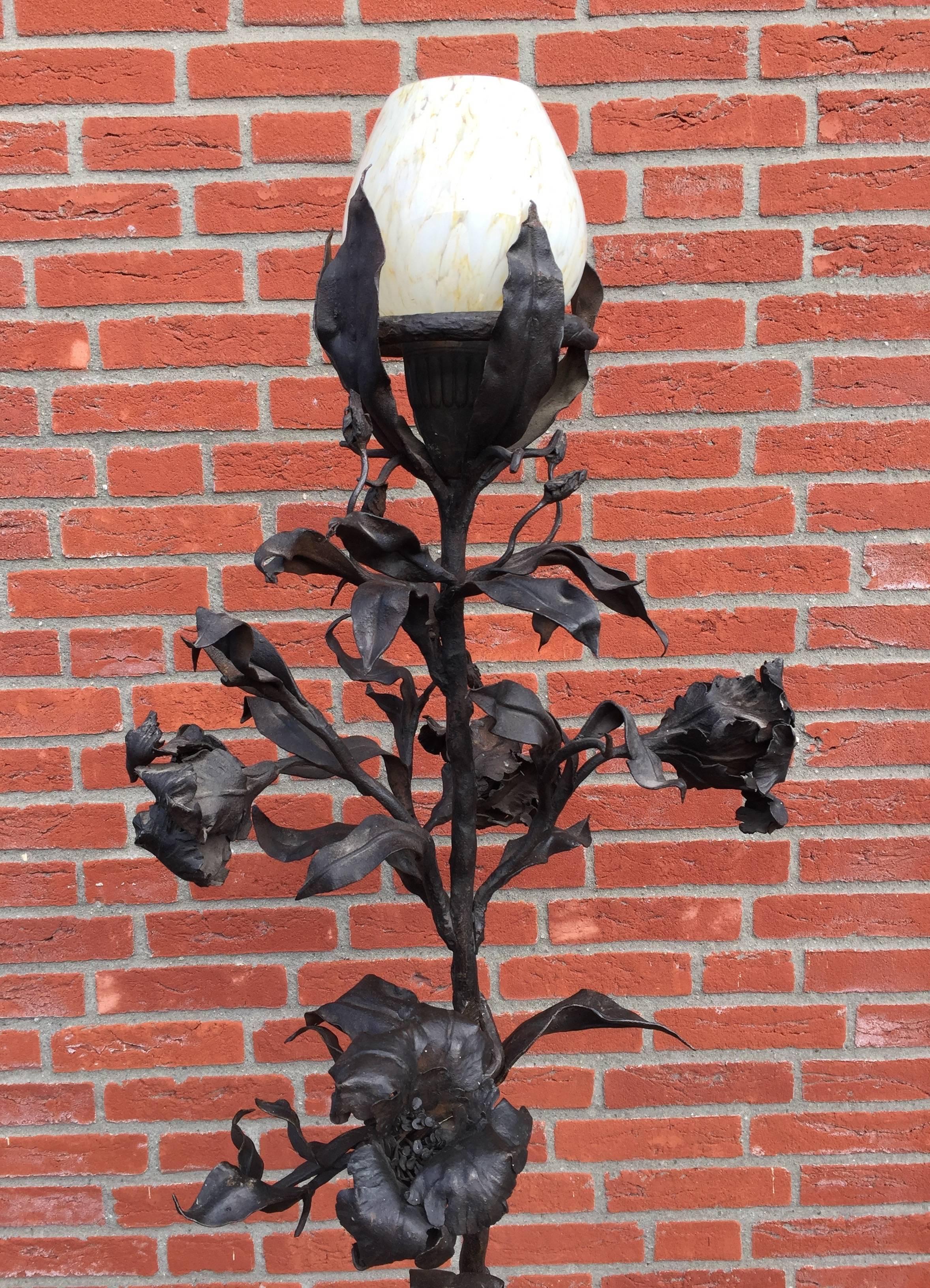 20th Century Artistic Arts and Crafts Wrought Iron Standard Floor Lamp, signed L. Van Boeckel For Sale