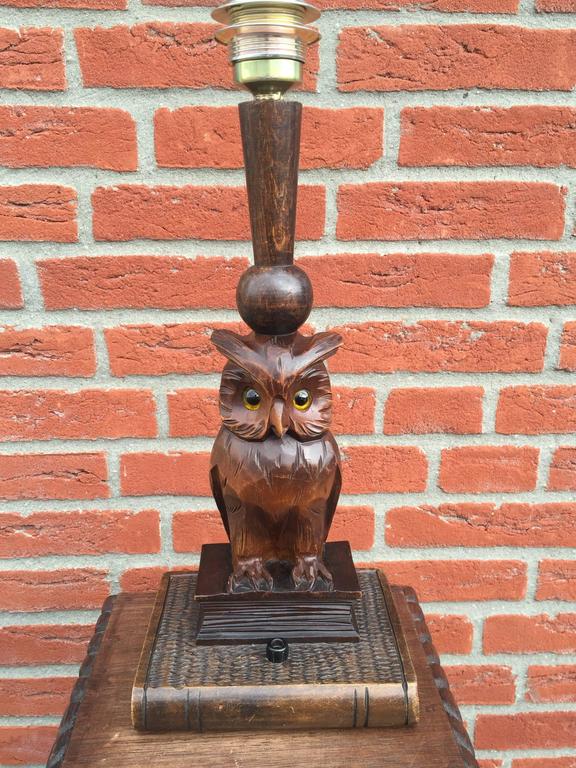 Early 20th Century Black Forest Hand Carved Wooden Owl on Book Table