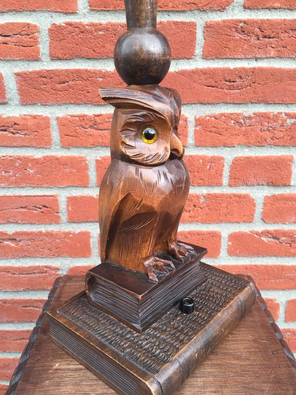 Early 20th Century Black Forest Hand Carved Wooden Owl on Book Table