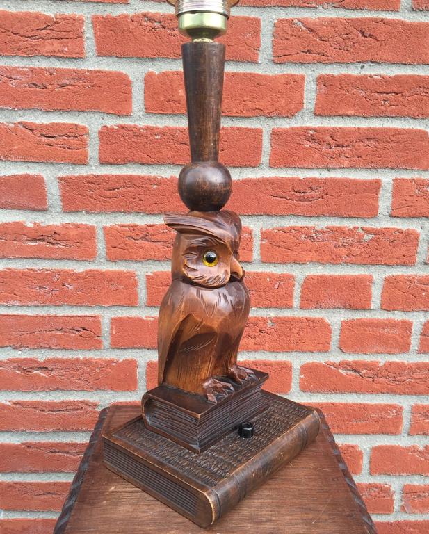 Early 20th Century Black Forest Hand Carved Wooden Owl on Book Table