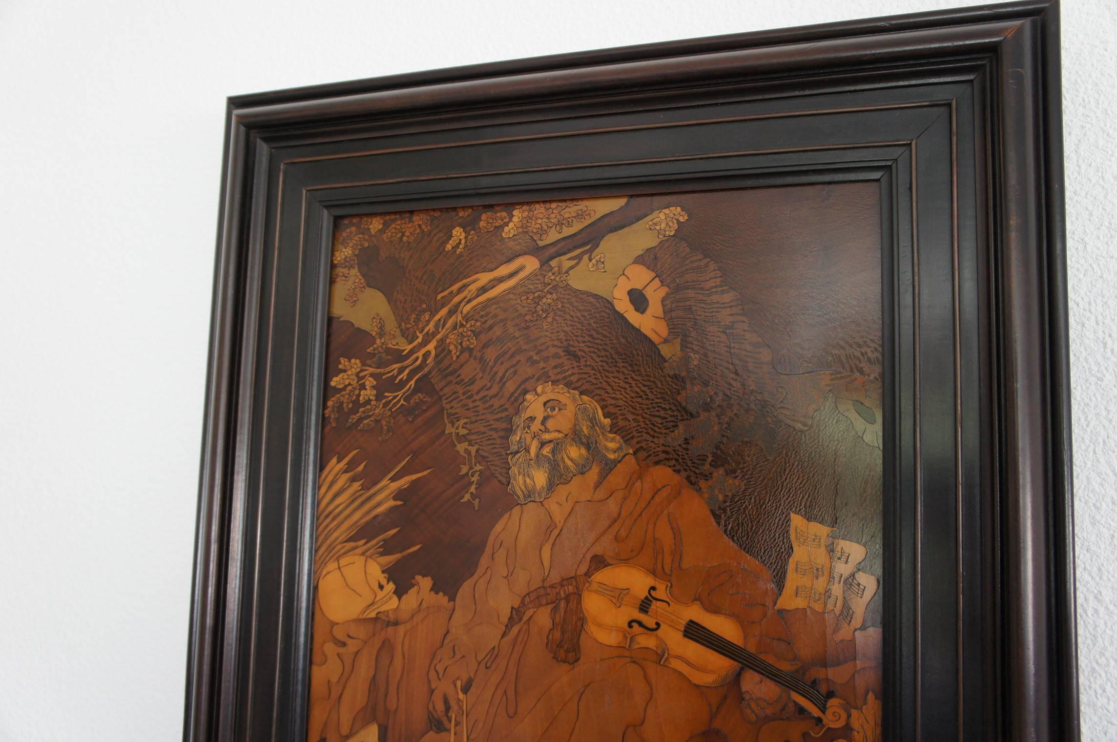 Amazing quality marquetry painting in mint condition.

Nowadays, where on earth would you have to go to find someone skilled enough to make such a wonderful work of art? This piece was made in a time when people were not yet pushed to make something