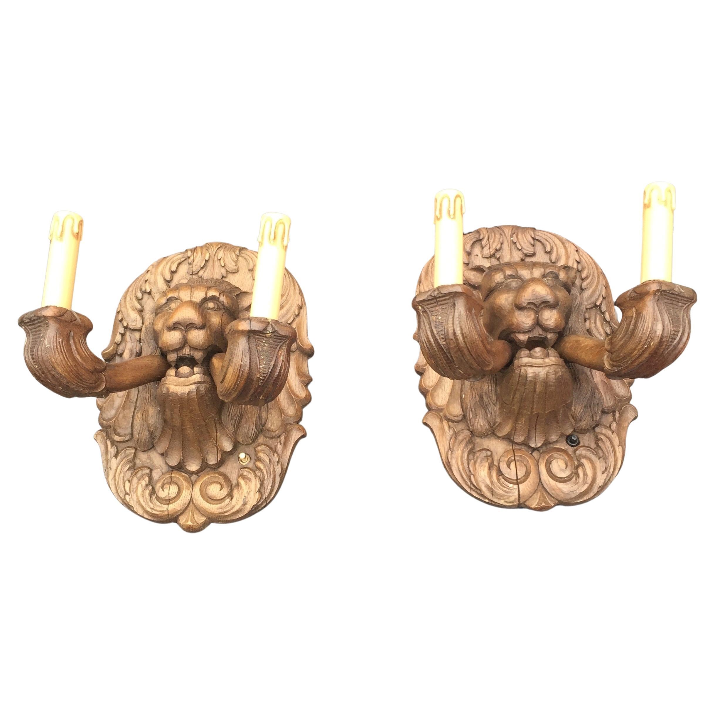 Unique and Wonderful Pair Large and Carved Wood Lion Head Sculpture Wall Sconces For Sale