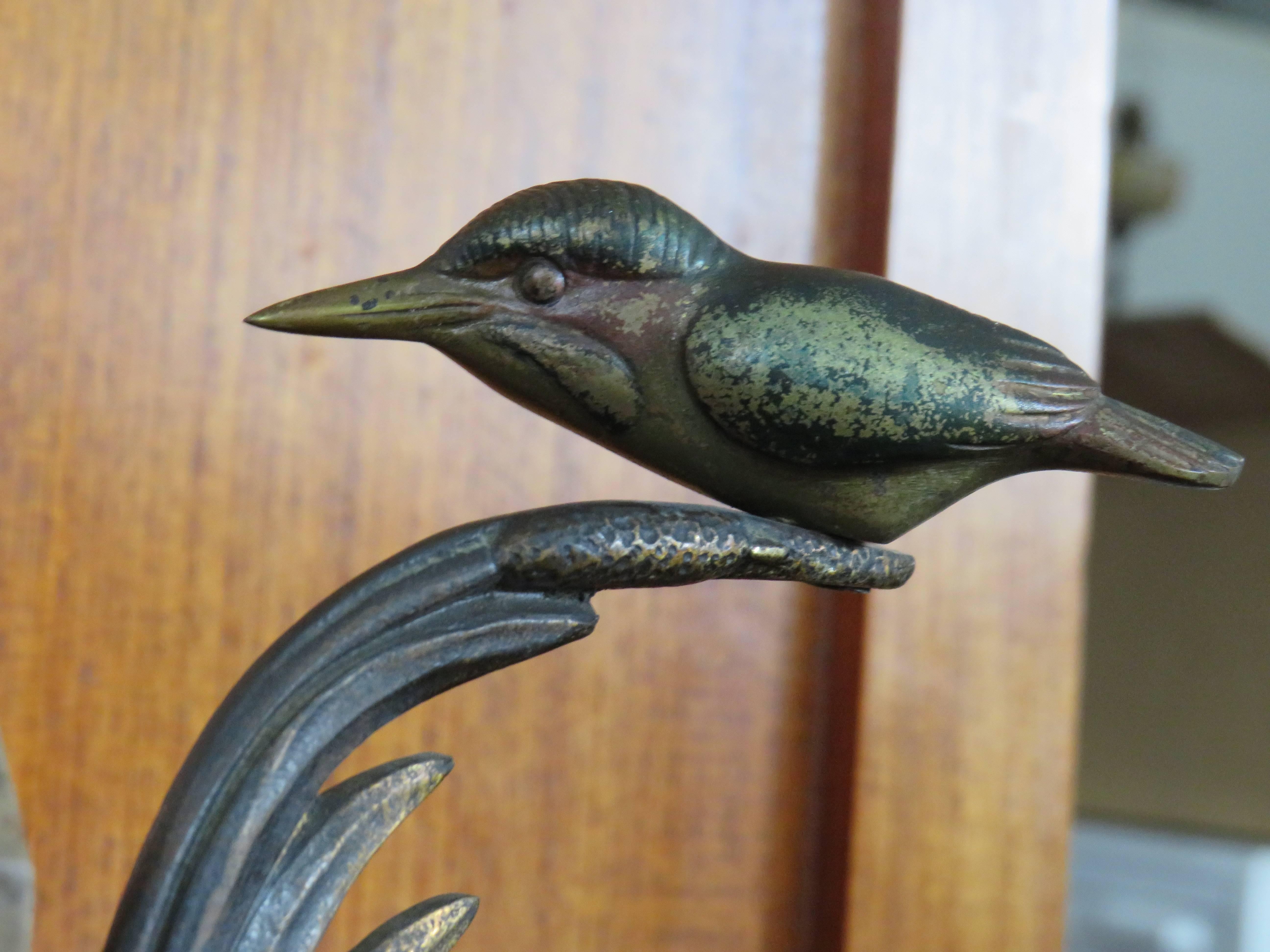 Polished Art Deco Bookends with Cold Painted Bronze Kingfisher Birds on Marble Base