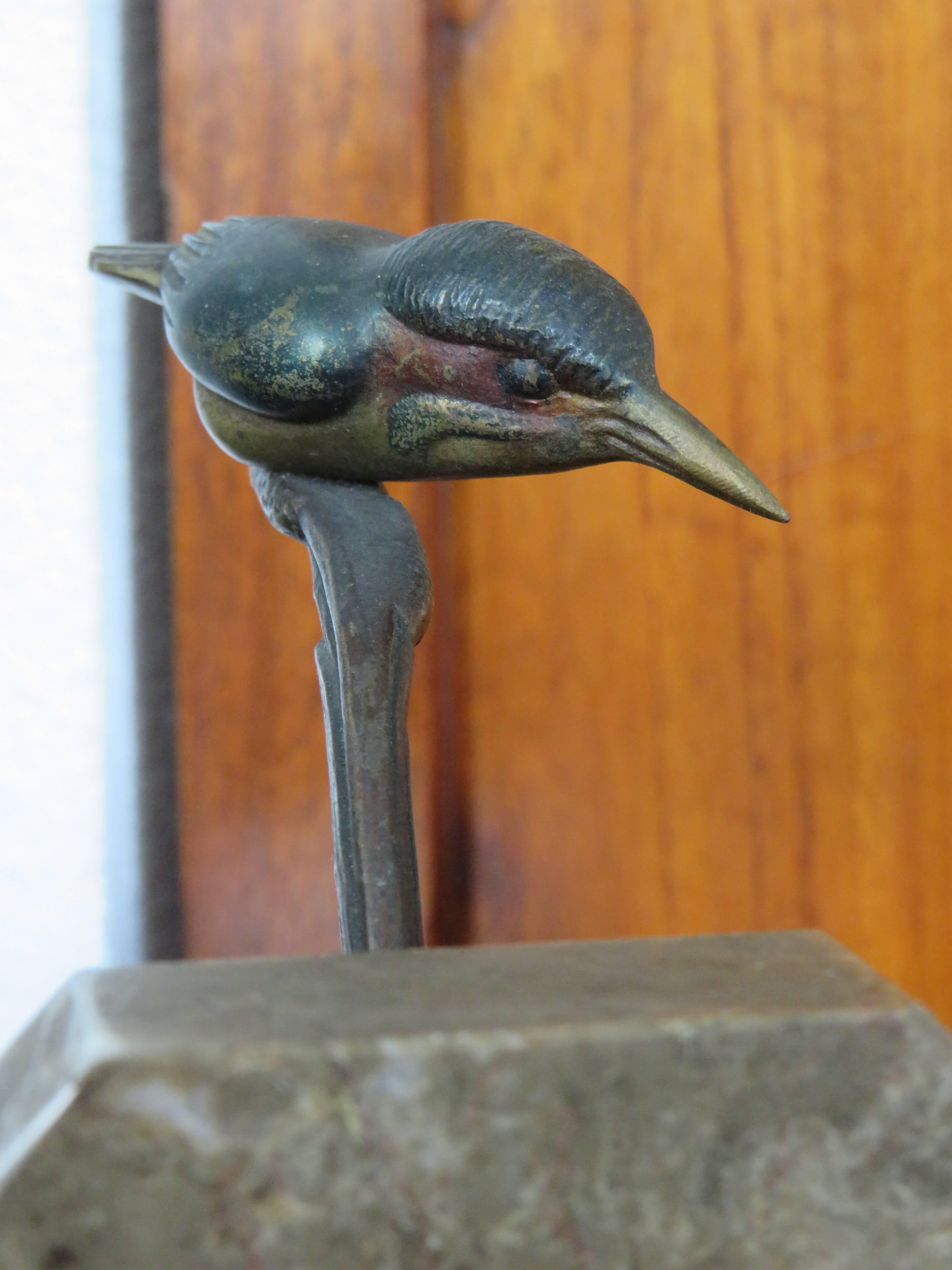 20th Century Art Deco Bookends with Cold Painted Bronze Kingfisher Birds on Marble Base