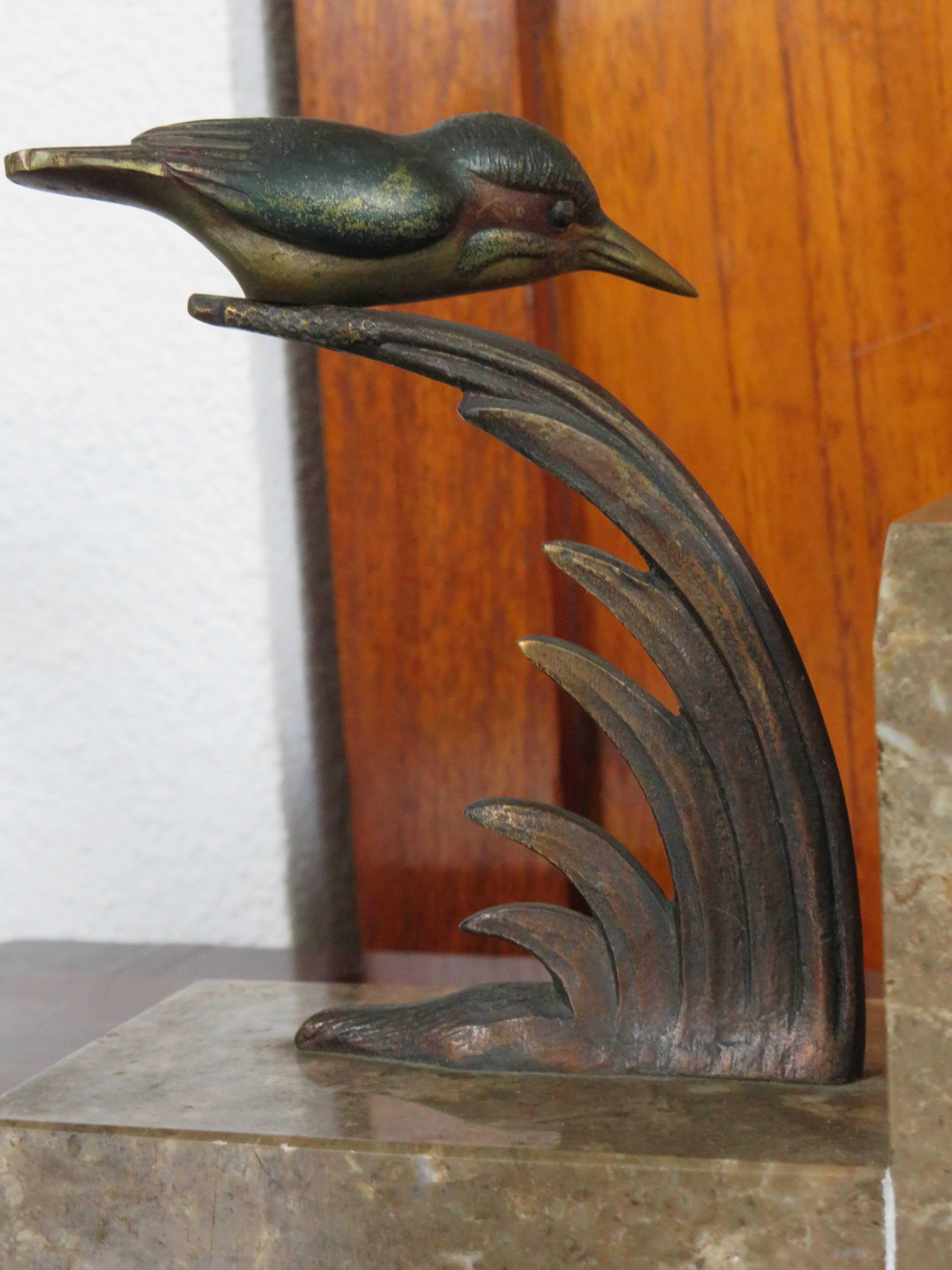 Art Deco Bookends with Cold Painted Bronze Kingfisher Birds on Marble Base 1