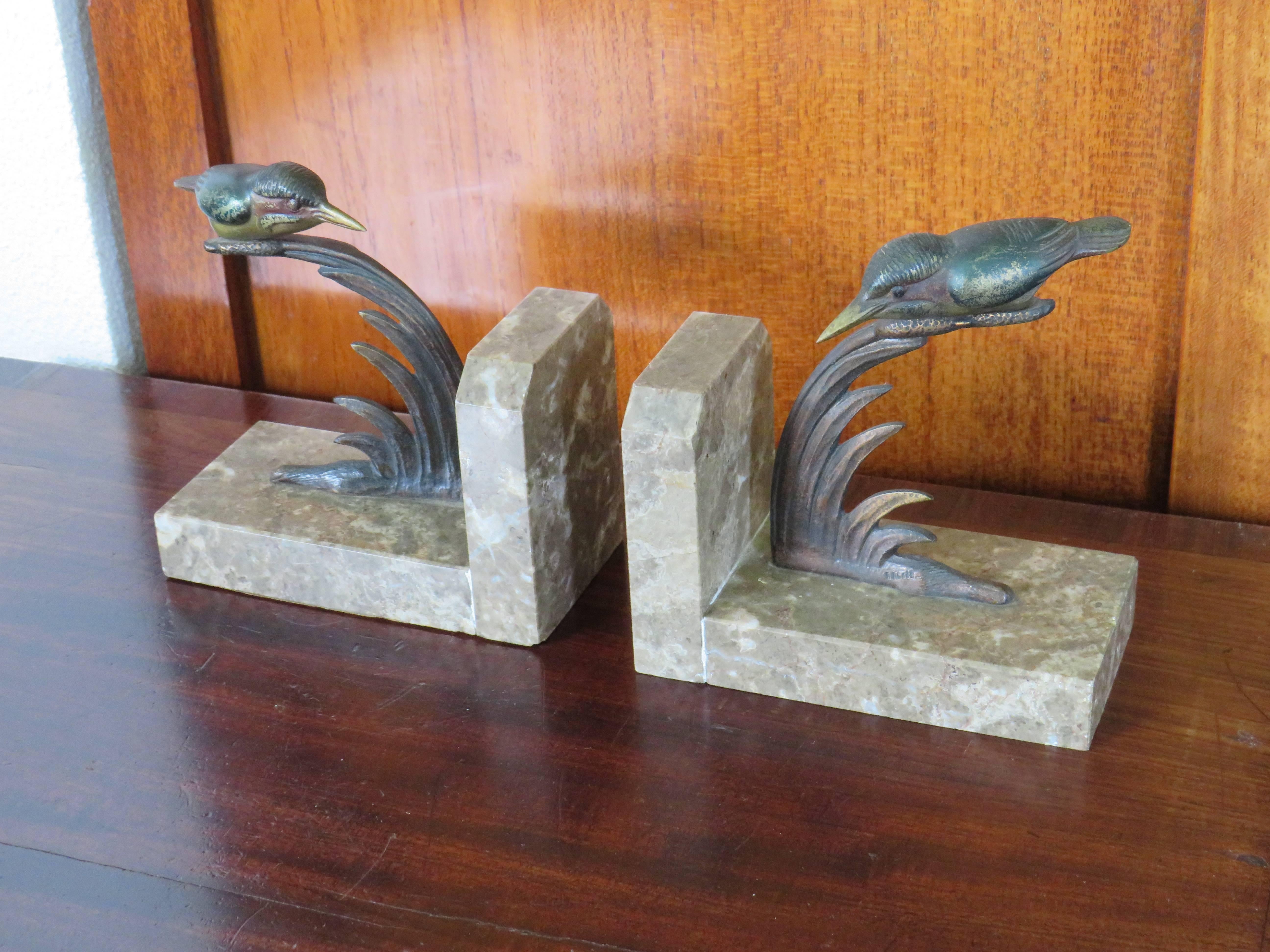 Art Deco Bookends with Cold Painted Bronze Kingfisher Birds on Marble Base 4