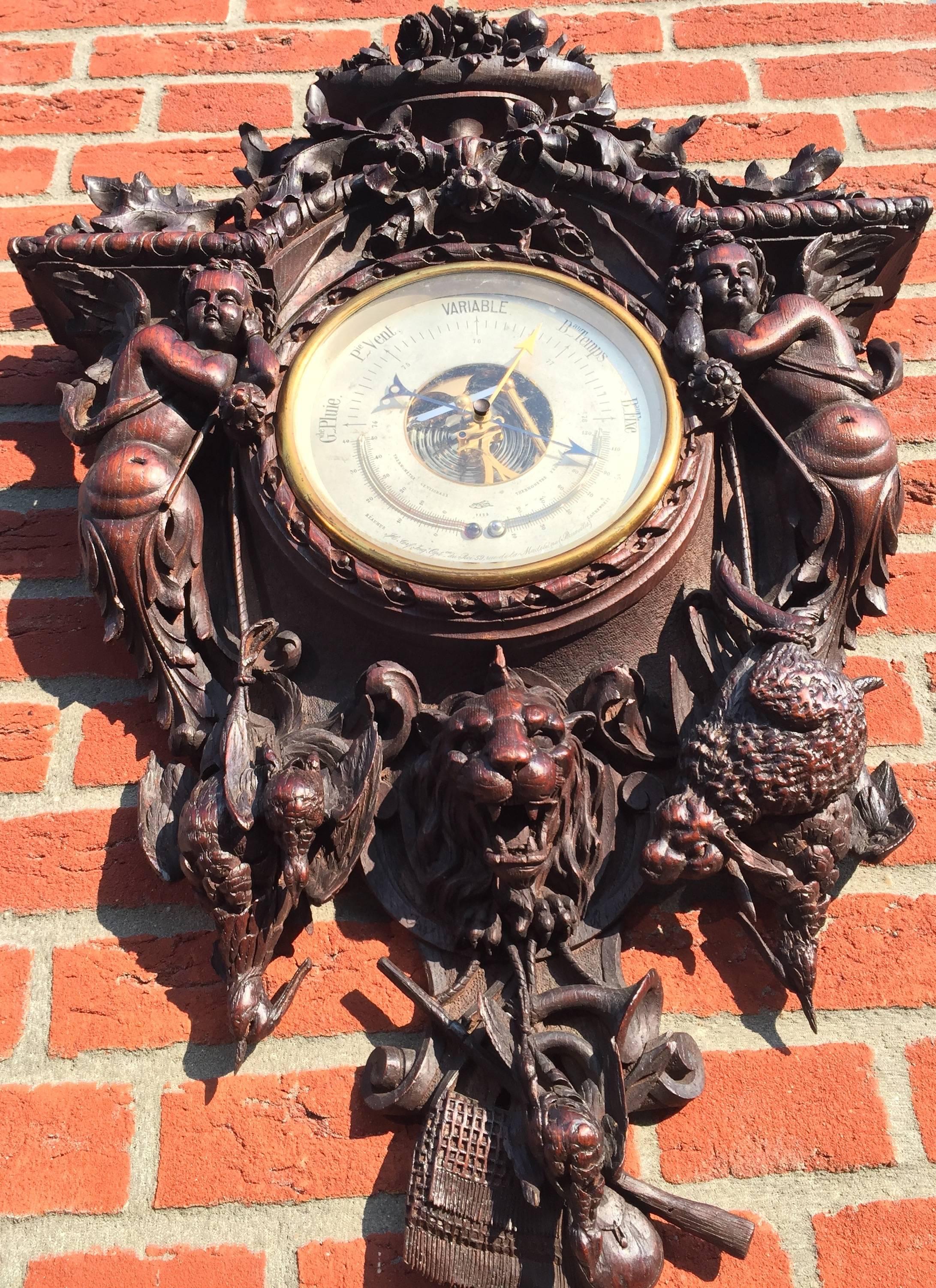 Hand-Carved Oversized and Top Quality Carved 19th Century French Hunting Barometer & Angels