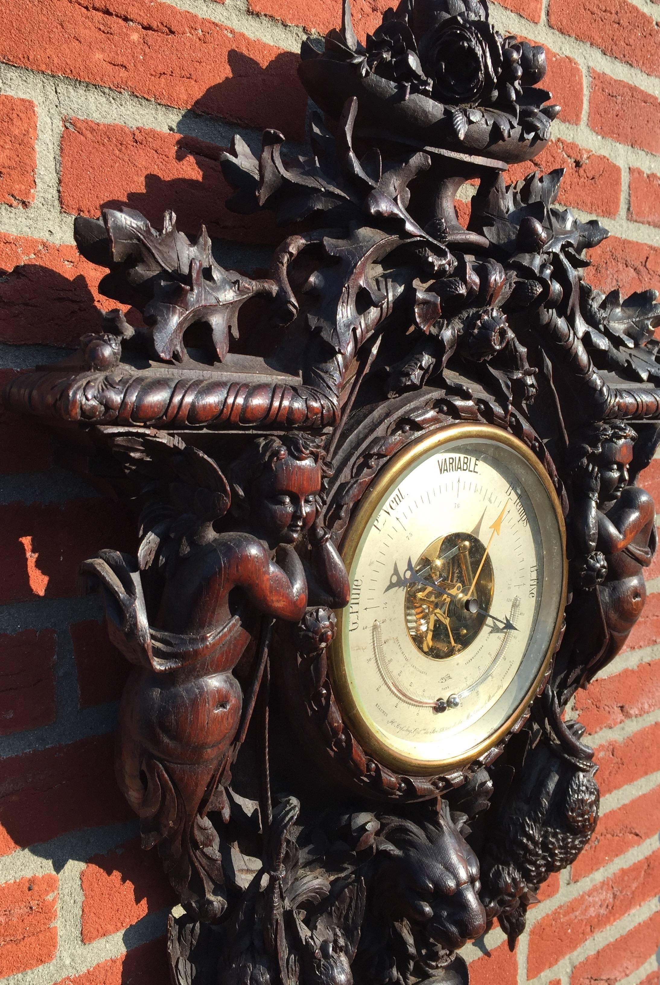 Oversized and Top Quality Carved 19th Century French Hunting Barometer & Angels In Excellent Condition In Lisse, NL