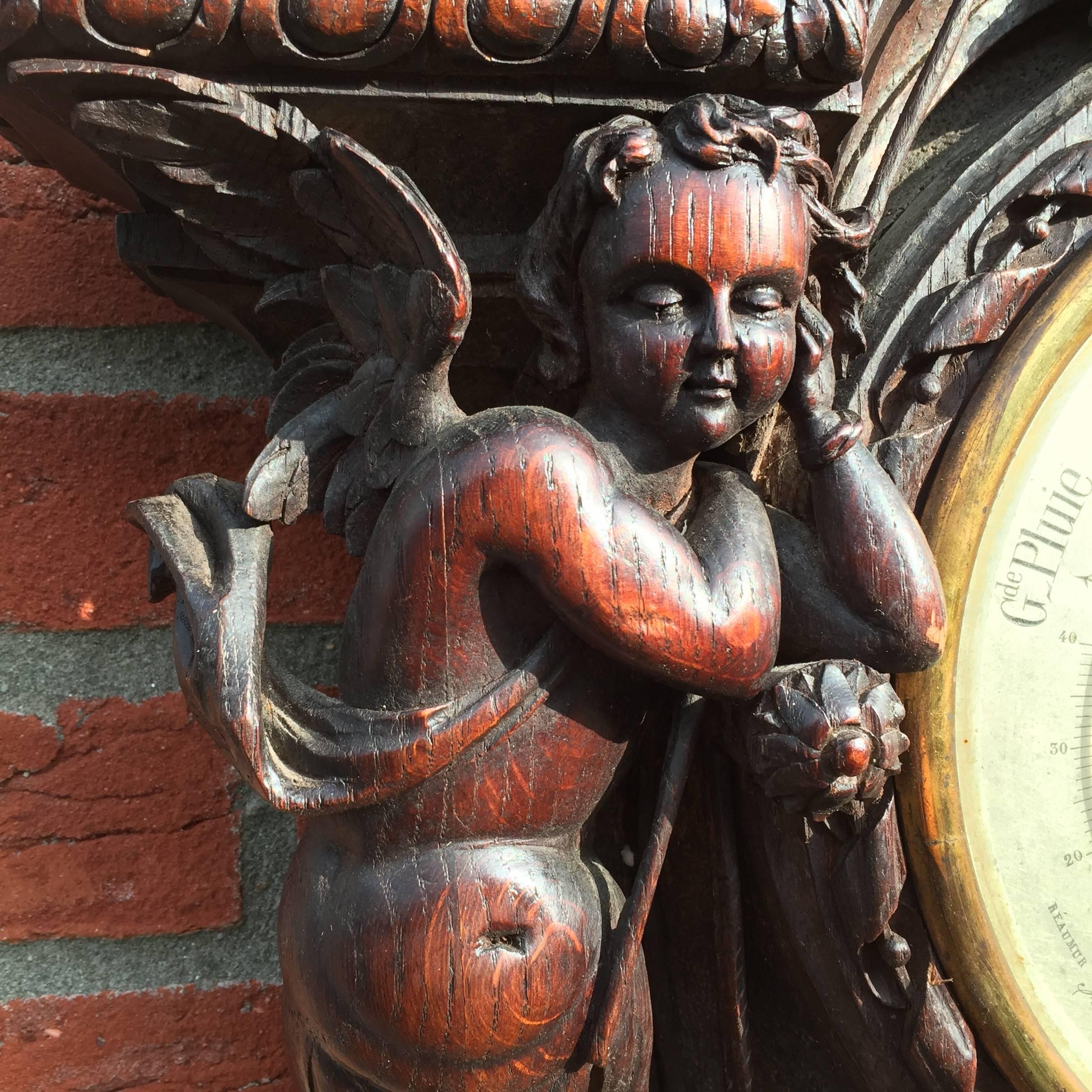 Oak Oversized and Top Quality Carved 19th Century French Hunting Barometer & Angels