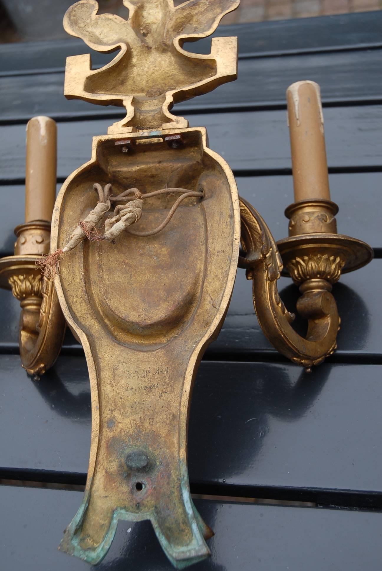 Large Antique Late 19th Century Gilt Bronze Louis XVI Style Pair of Wall Sconces For Sale 2