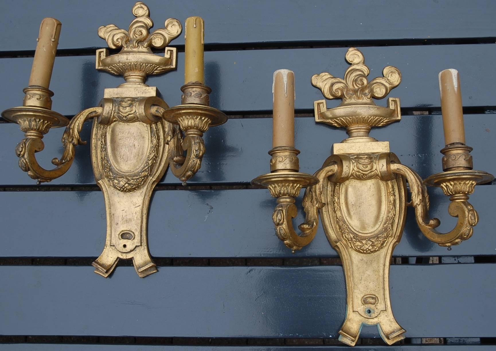 Large Antique Late 19th Century Gilt Bronze Louis XVI Style Pair of Wall Sconces For Sale 5