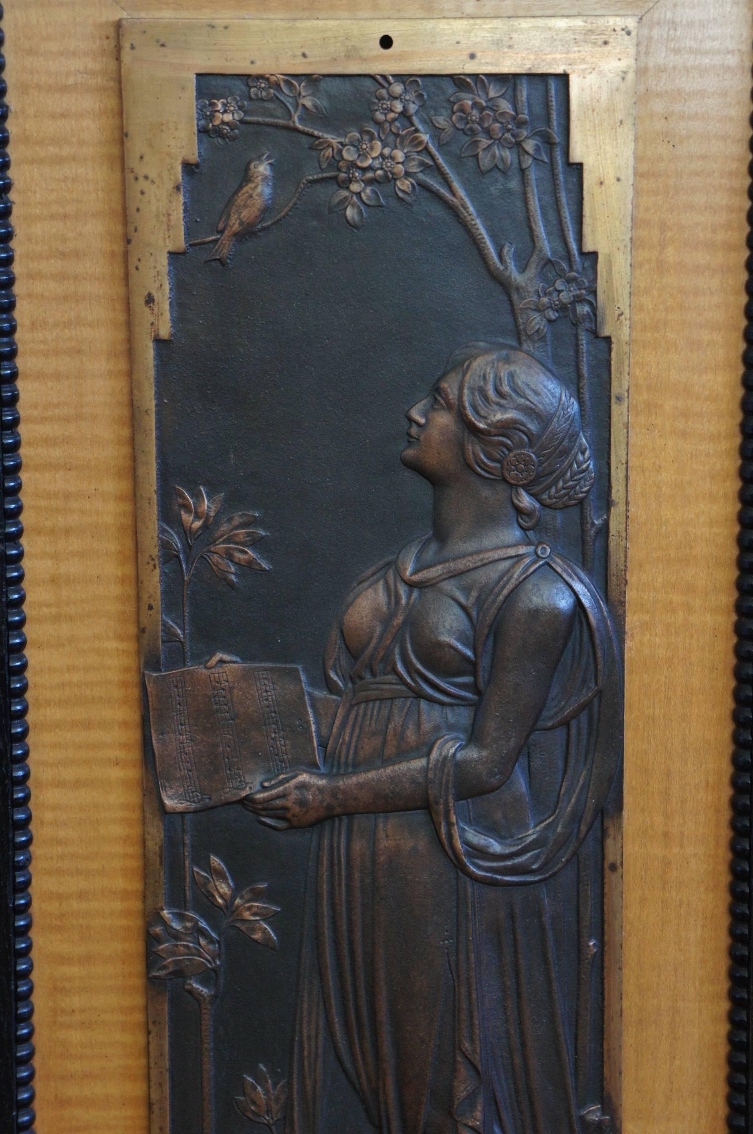 Iron Amazing and Signed Pair of Bronzed Jugendstil Plaques in Alphonse Mucha Style