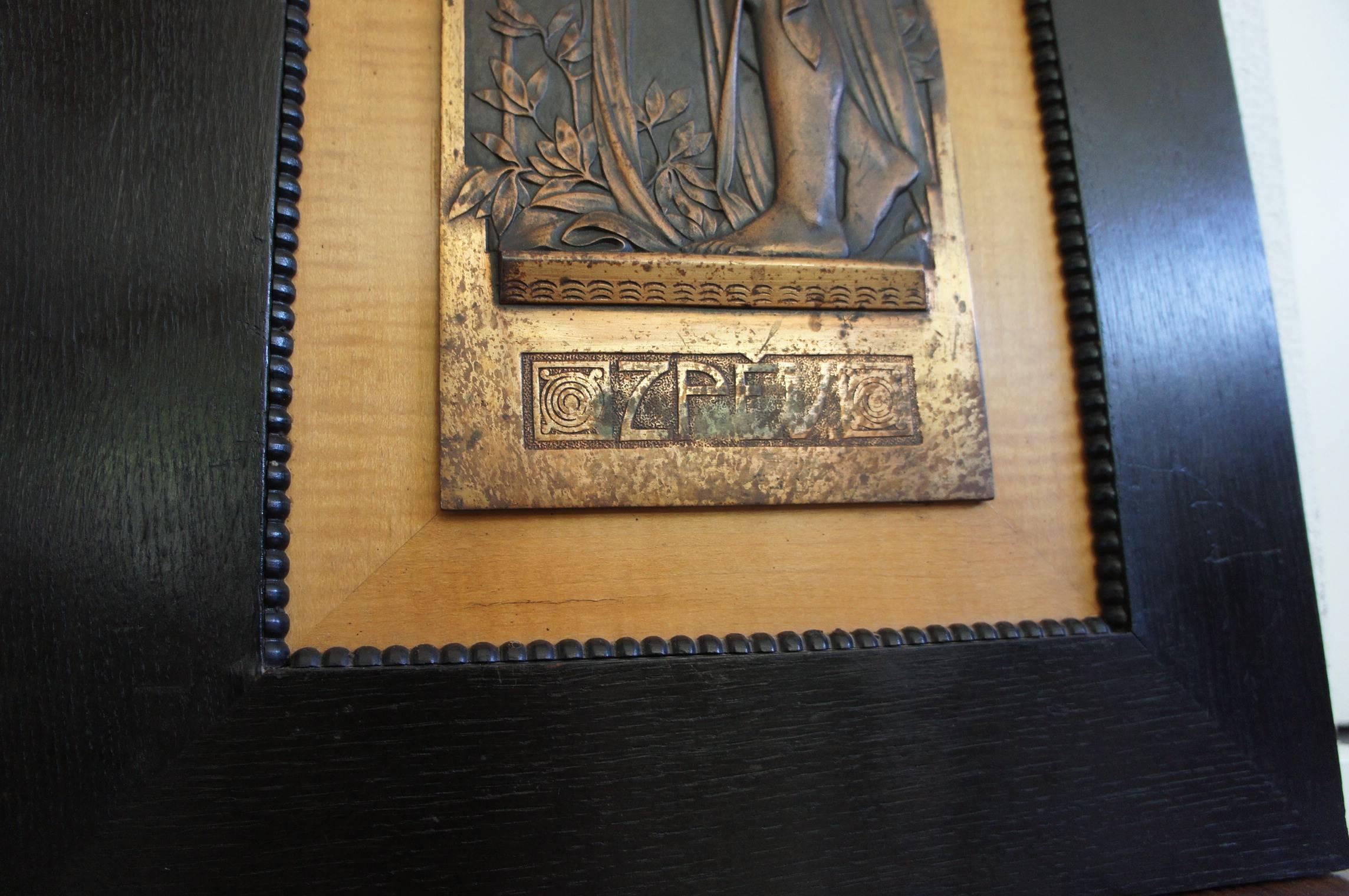 Amazing and Signed Pair of Bronzed Jugendstil Plaques in Alphonse Mucha Style 1