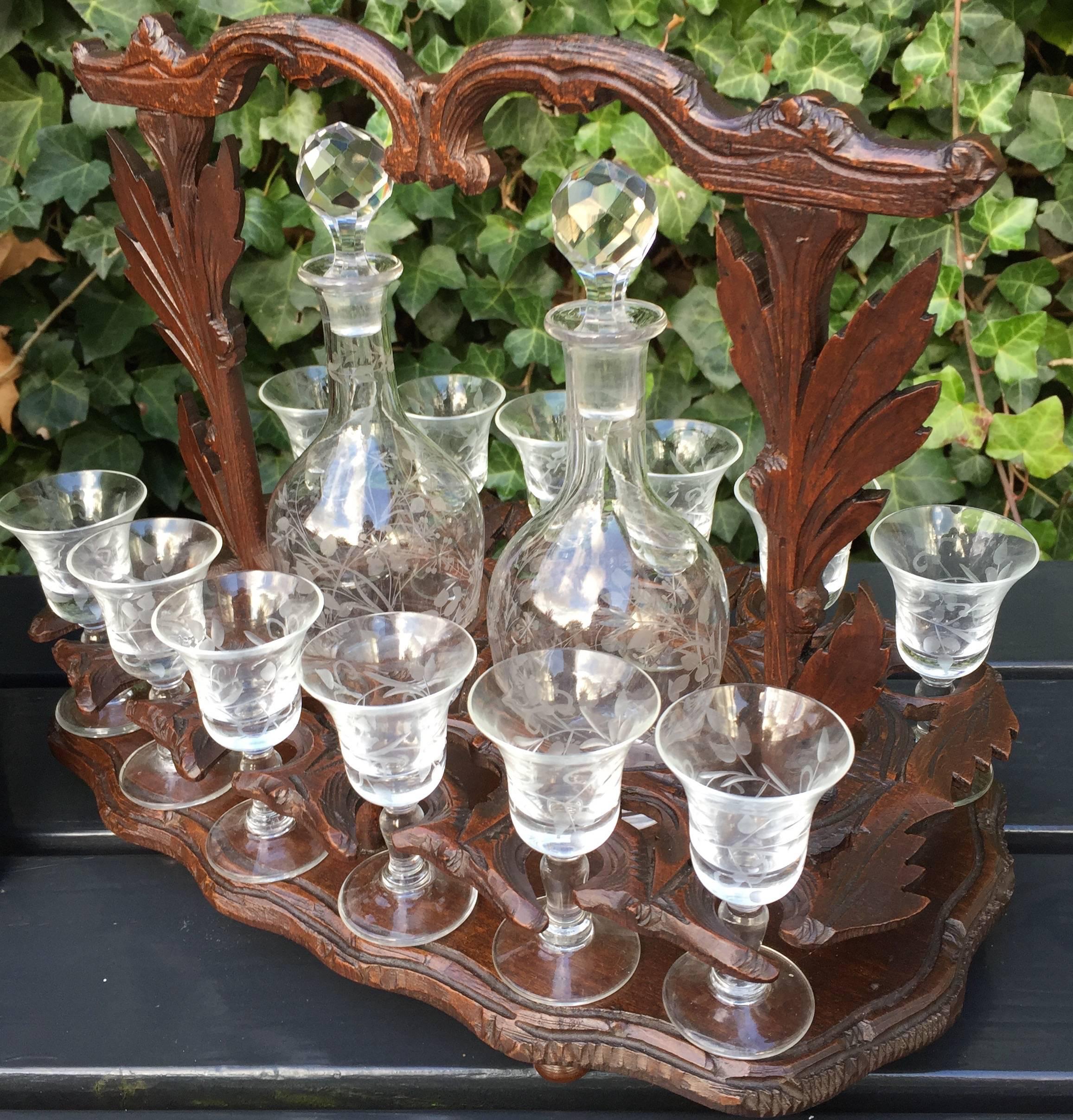 Hand-Carved 19th Century Black Forest era Victorian Liquor Tantalus with Glasses & Decanters