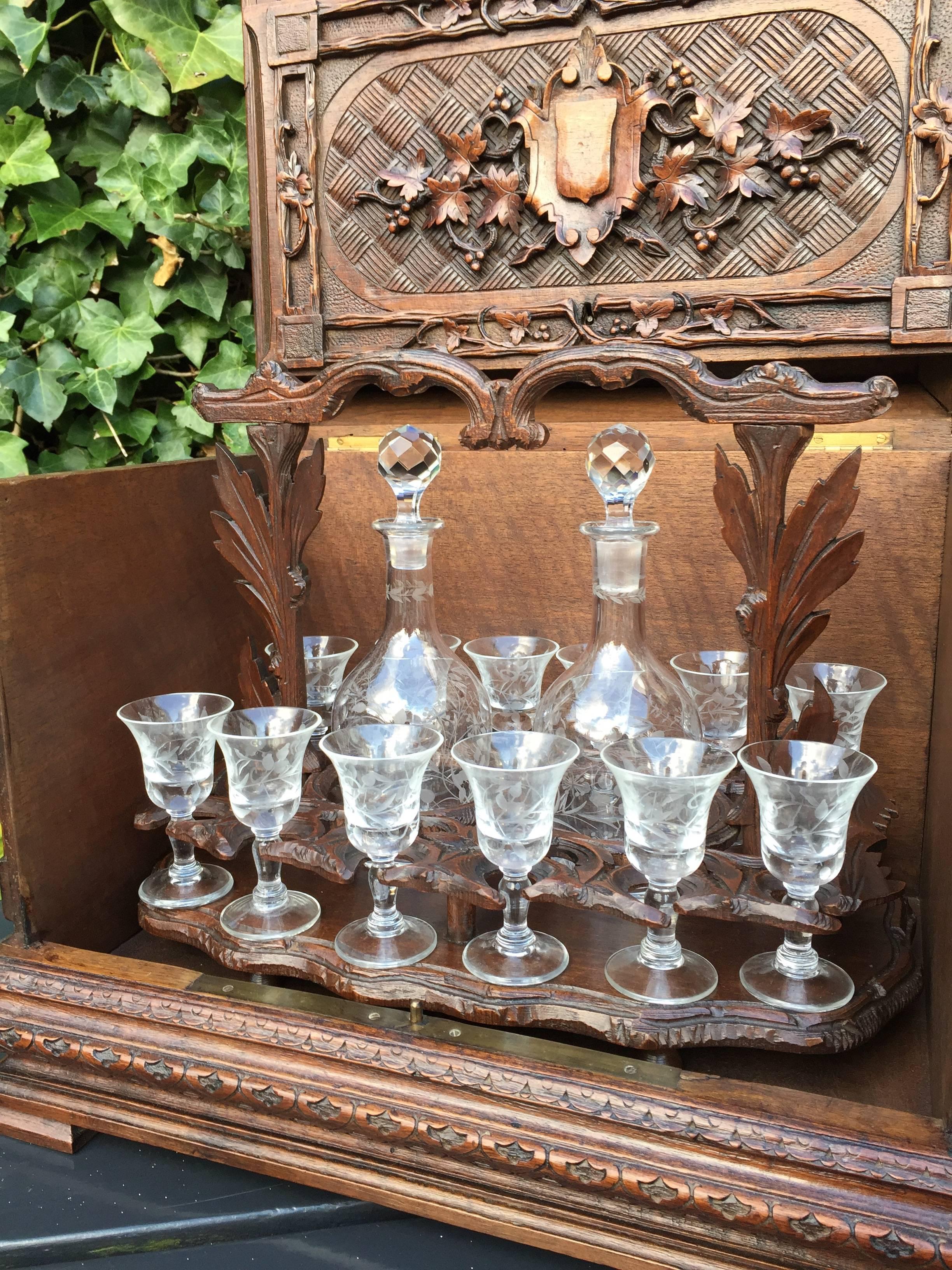 19th Century Black Forest era Victorian Liquor Tantalus with Glasses & Decanters 2