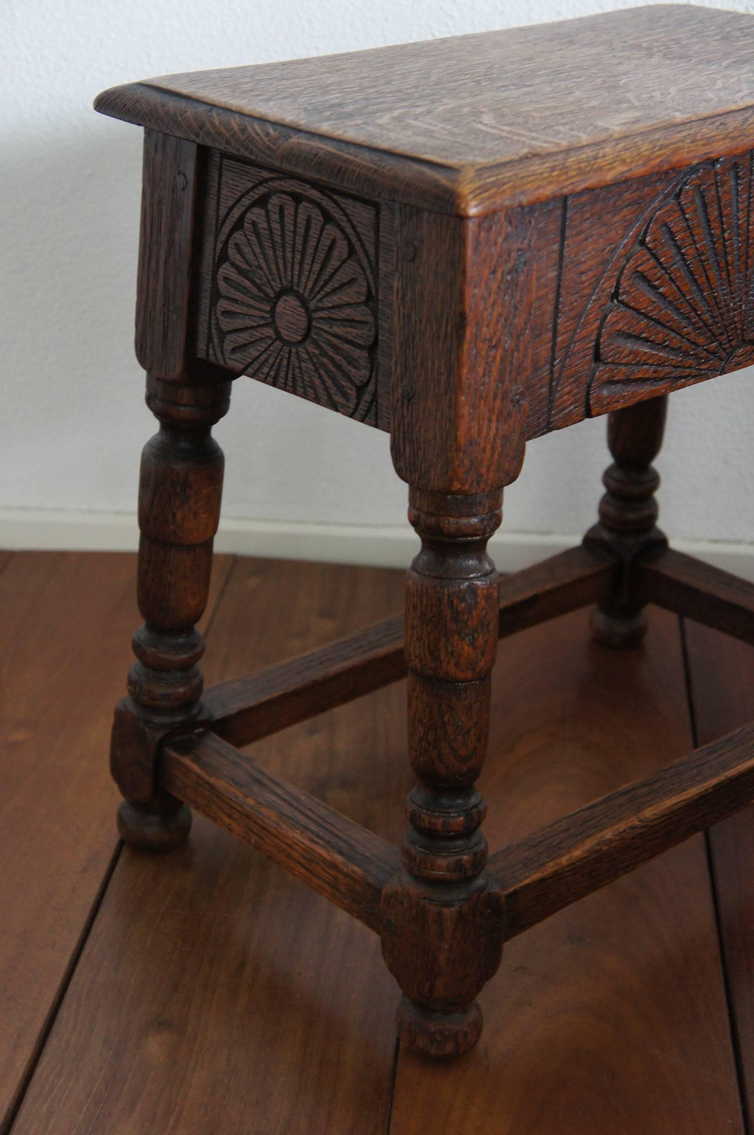 Great joint stool with beautiful patina and carved pattern.

This handcrafted Joint stool is both rustic and stylish. It is an absolute joy to watch and to sit on. It is as stable as the day it was hand-crafted. In our longing for reliable and
