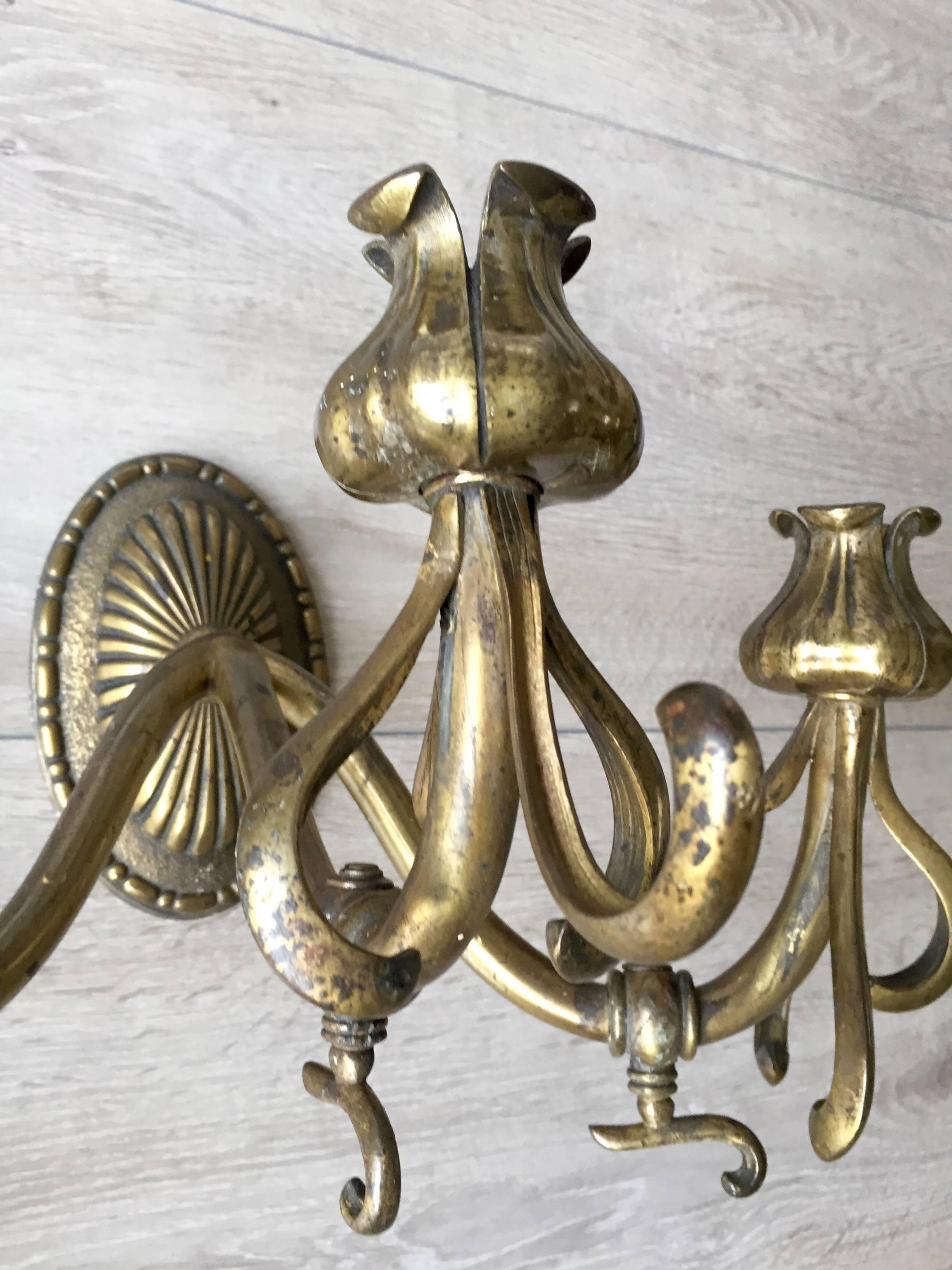 Cast Rare Pair of Art Nouveau Bronze Wall Sconces / Fixtures with Flower Sculptured For Sale