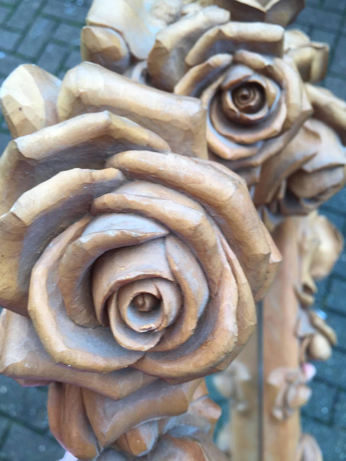 Masterly Carved Wood Art Wall Mirror Frame with Roses Blooming Flowers