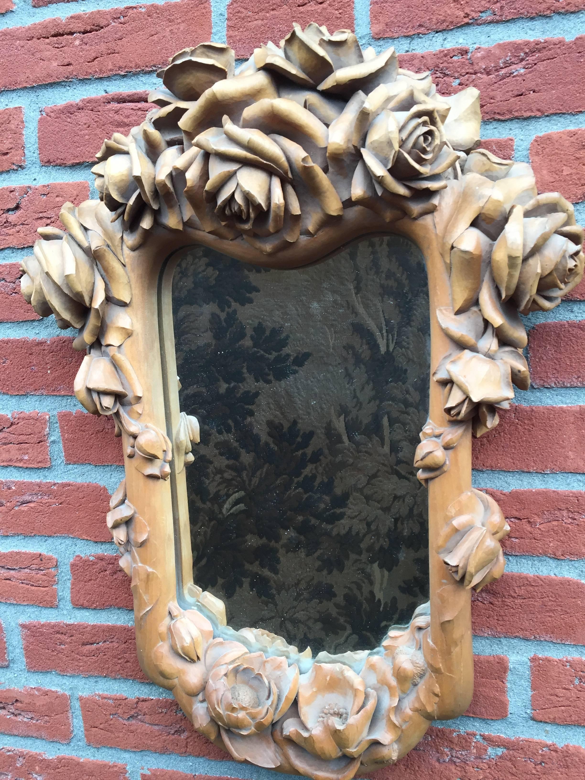 Masterly Carved Wood Art Wall Mirror Frame with Roses Blooming Flowers Design In Excellent Condition In Lisse, NL