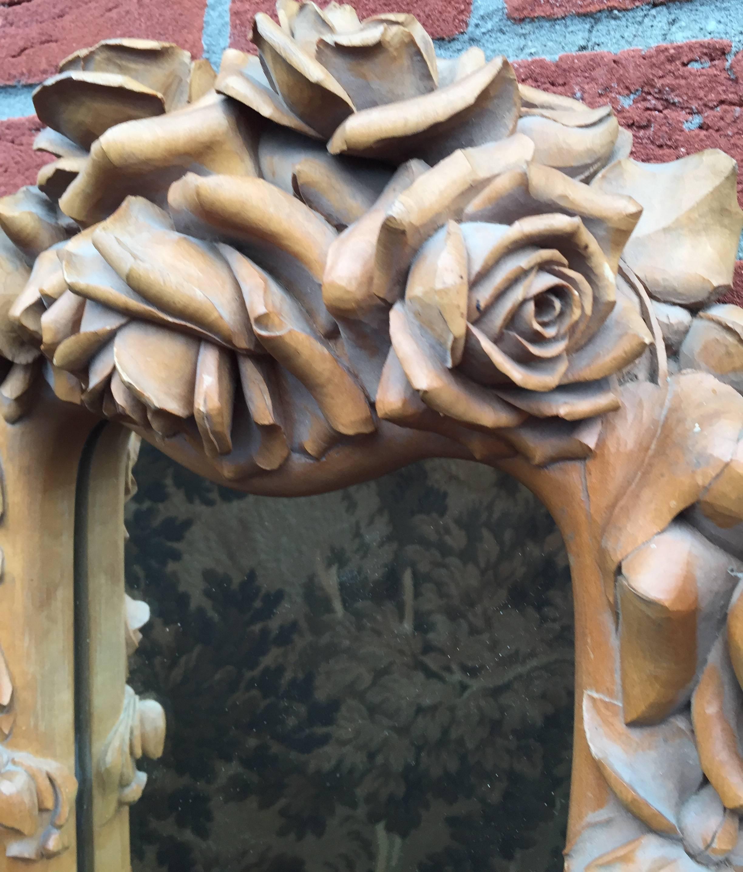 Masterly Carved Wood Art Wall Mirror Frame with Roses Blooming Flowers Design 1