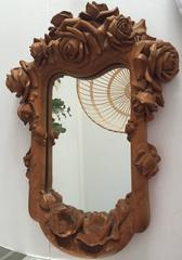 Masterly Carved Wood Art Wall Mirror Frame with Roses Blooming Flowers Design