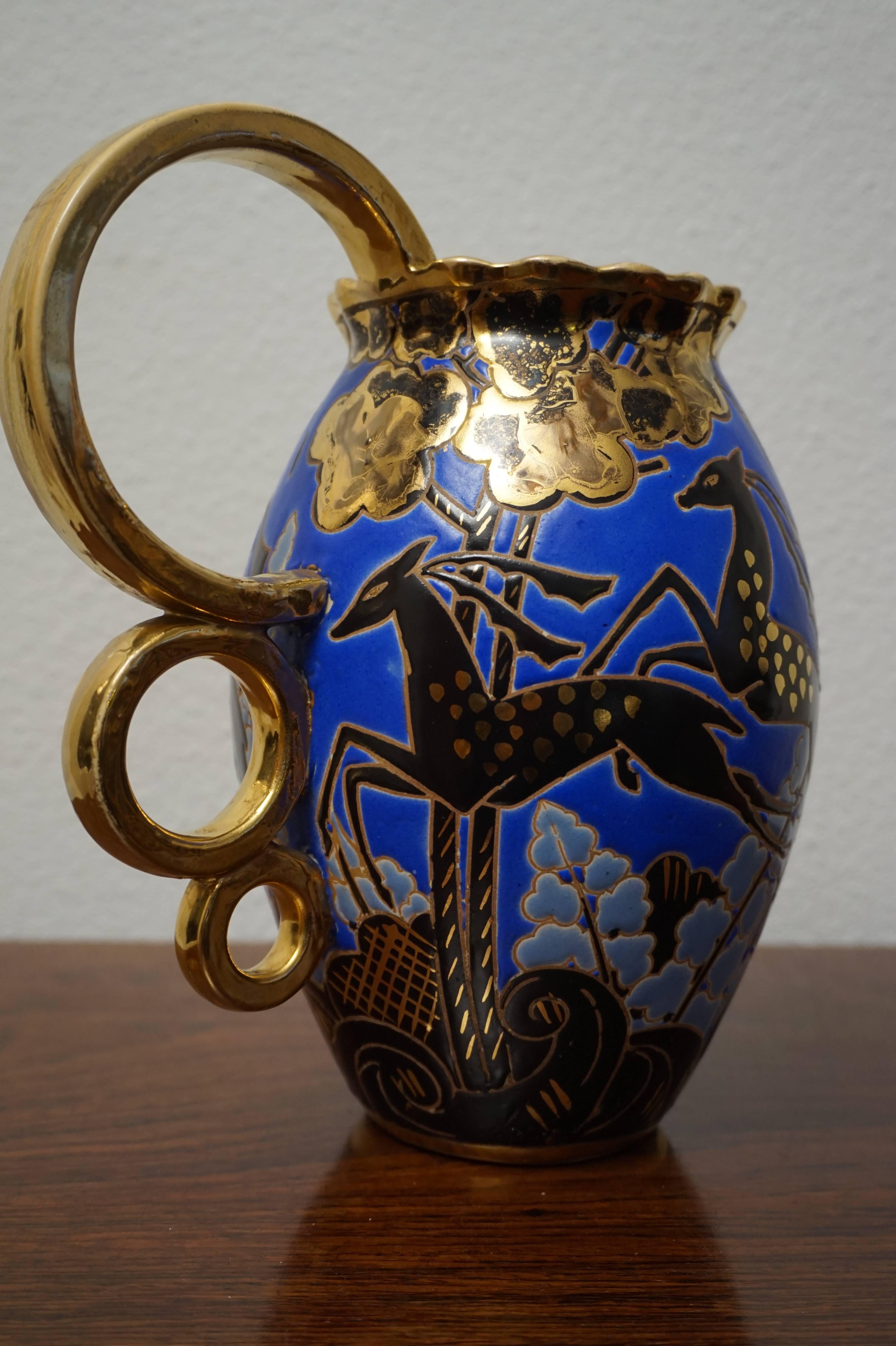 Raymond Chevalier Art Deco Boch Freres Vase / Jug Rare Antelope and Gilt Pattern In Excellent Condition In Lisse, NL
