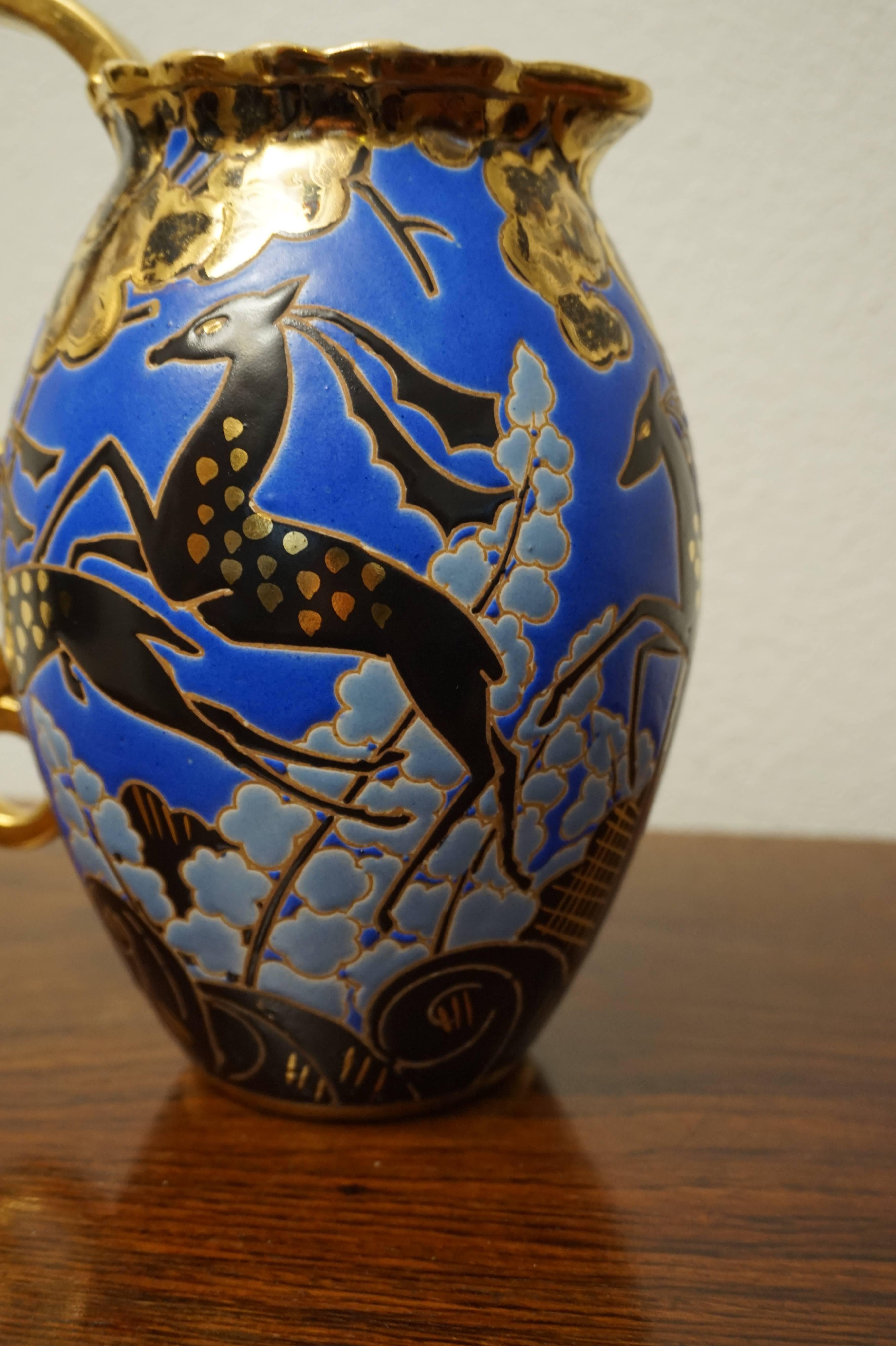 20th Century Raymond Chevalier Art Deco Boch Freres Vase / Jug Rare Antelope and Gilt Pattern