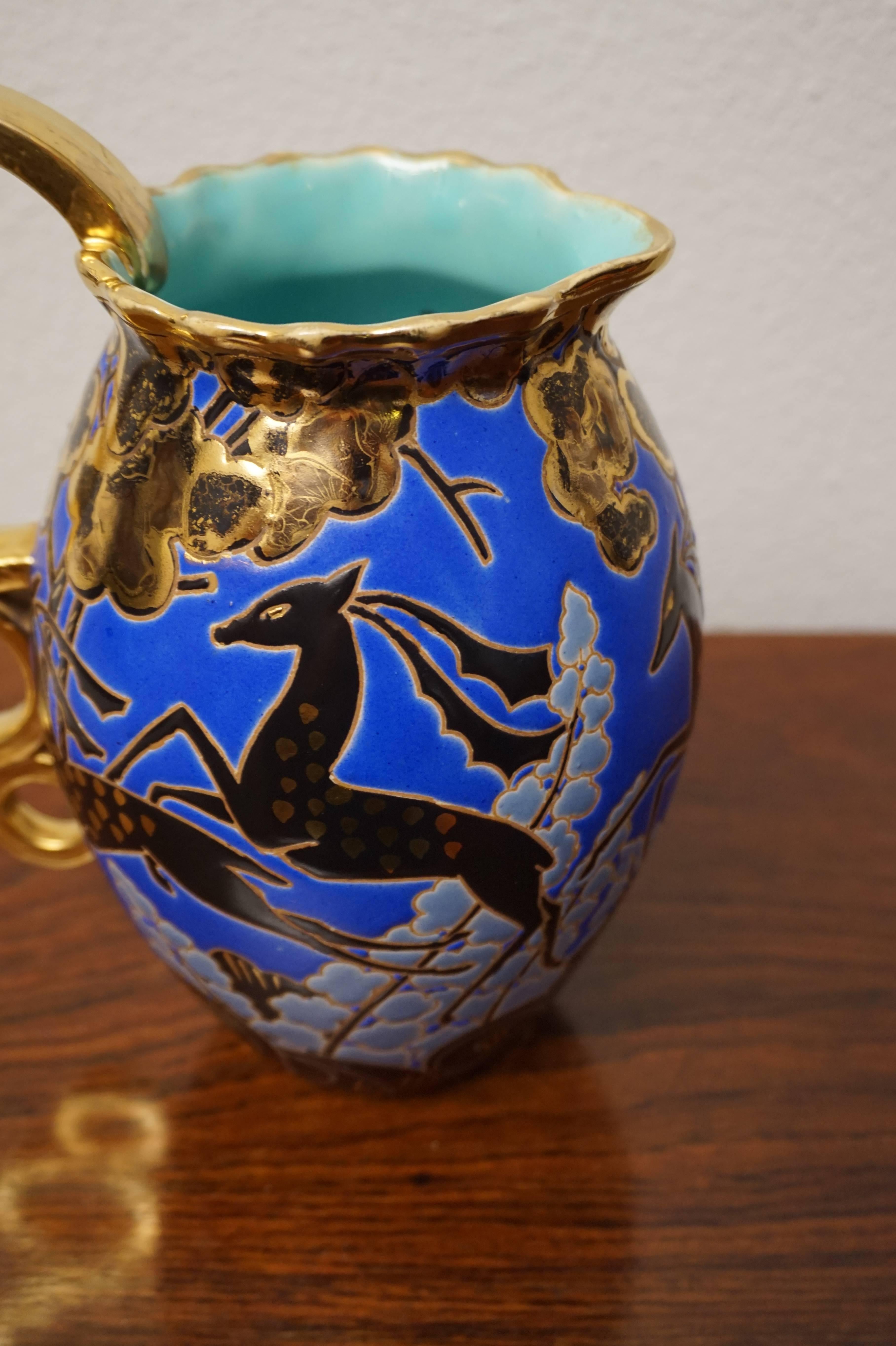 Earthenware Raymond Chevalier Art Deco Boch Freres Vase / Jug Rare Antelope and Gilt Pattern