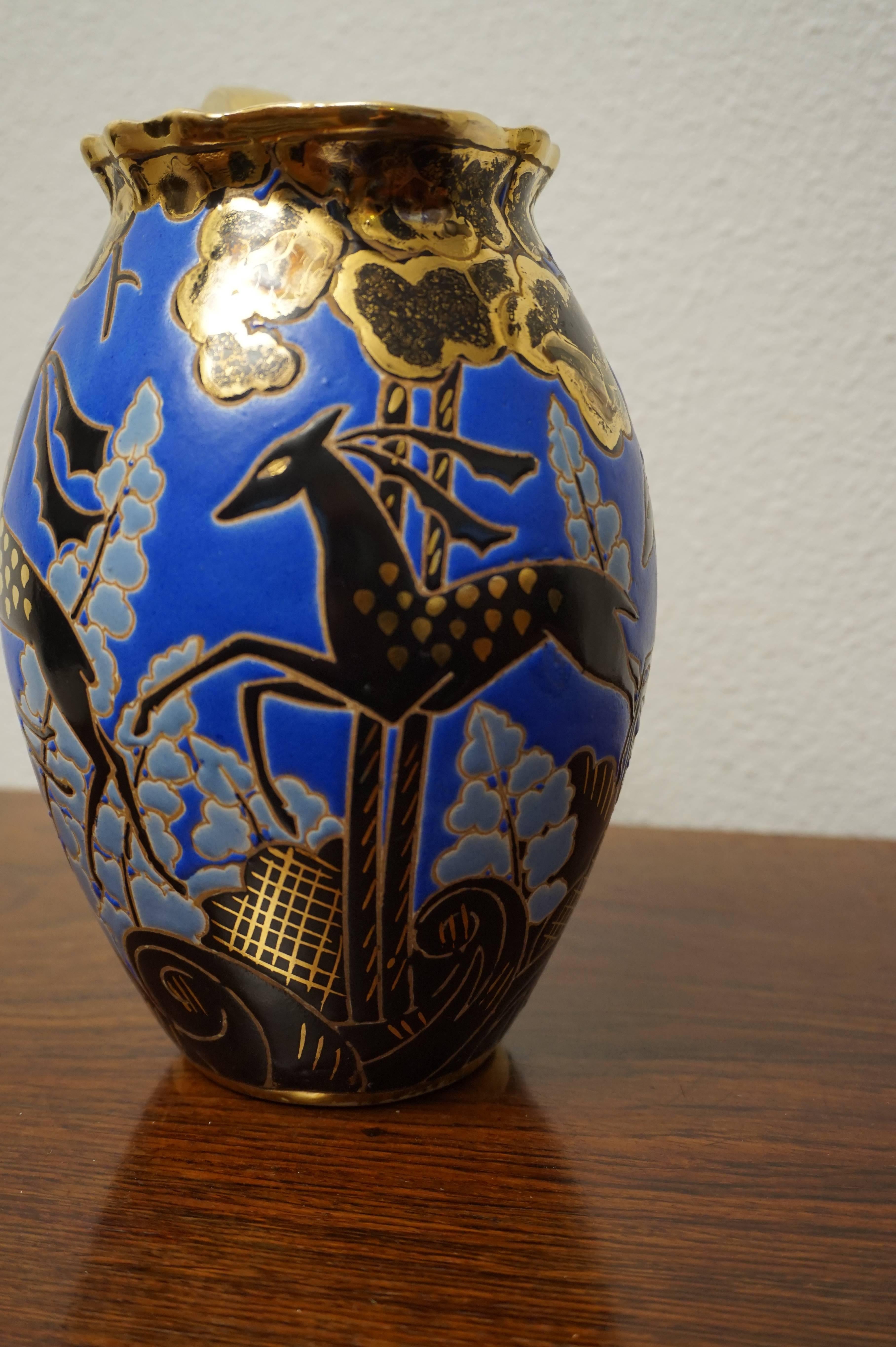 Raymond Chevalier Art Deco Boch Freres Vase / Jug Rare Antelope and Gilt Pattern 1