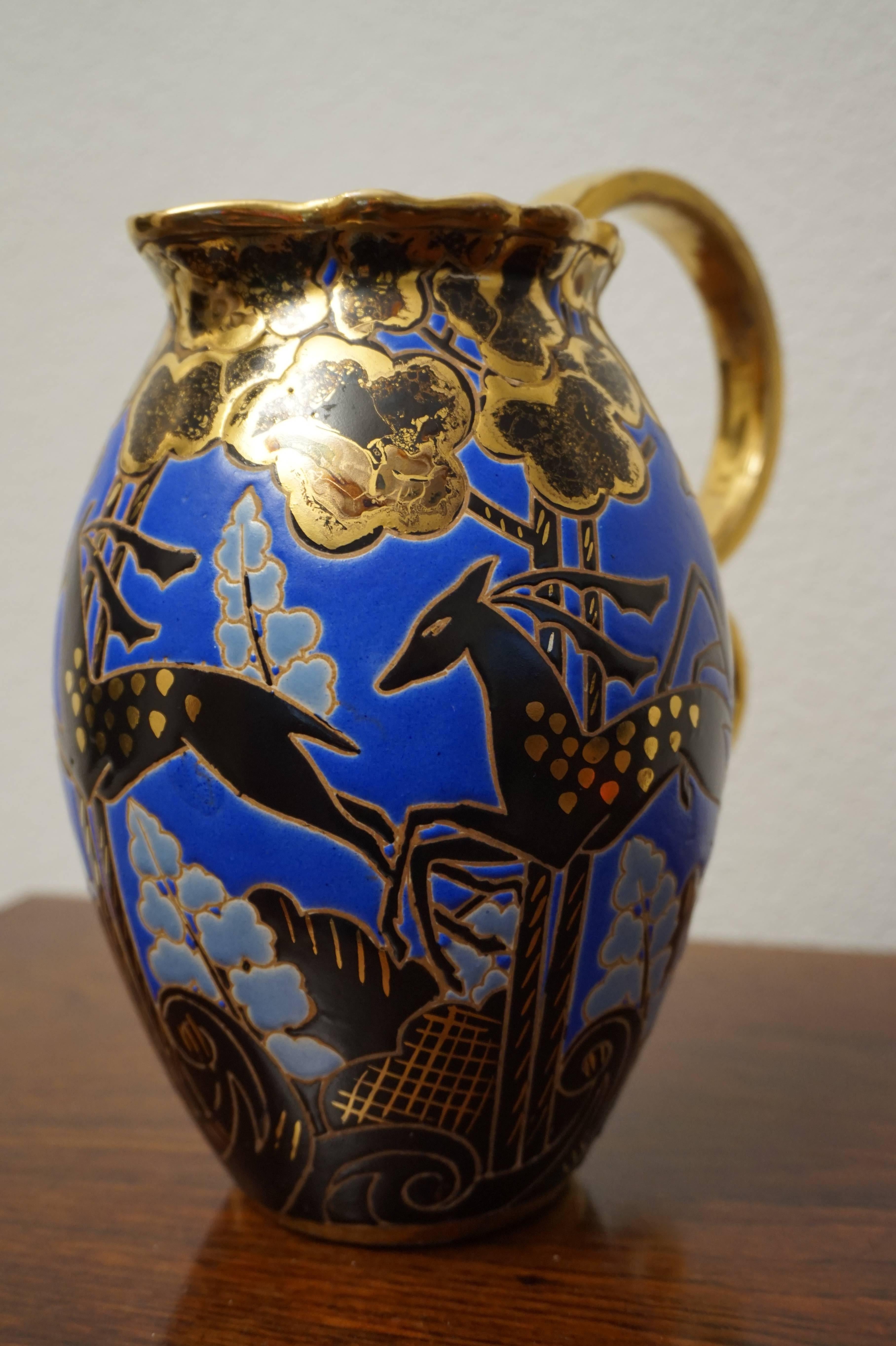 Raymond Chevalier Art Deco Boch Freres Vase / Jug Rare Antelope and Gilt Pattern 2