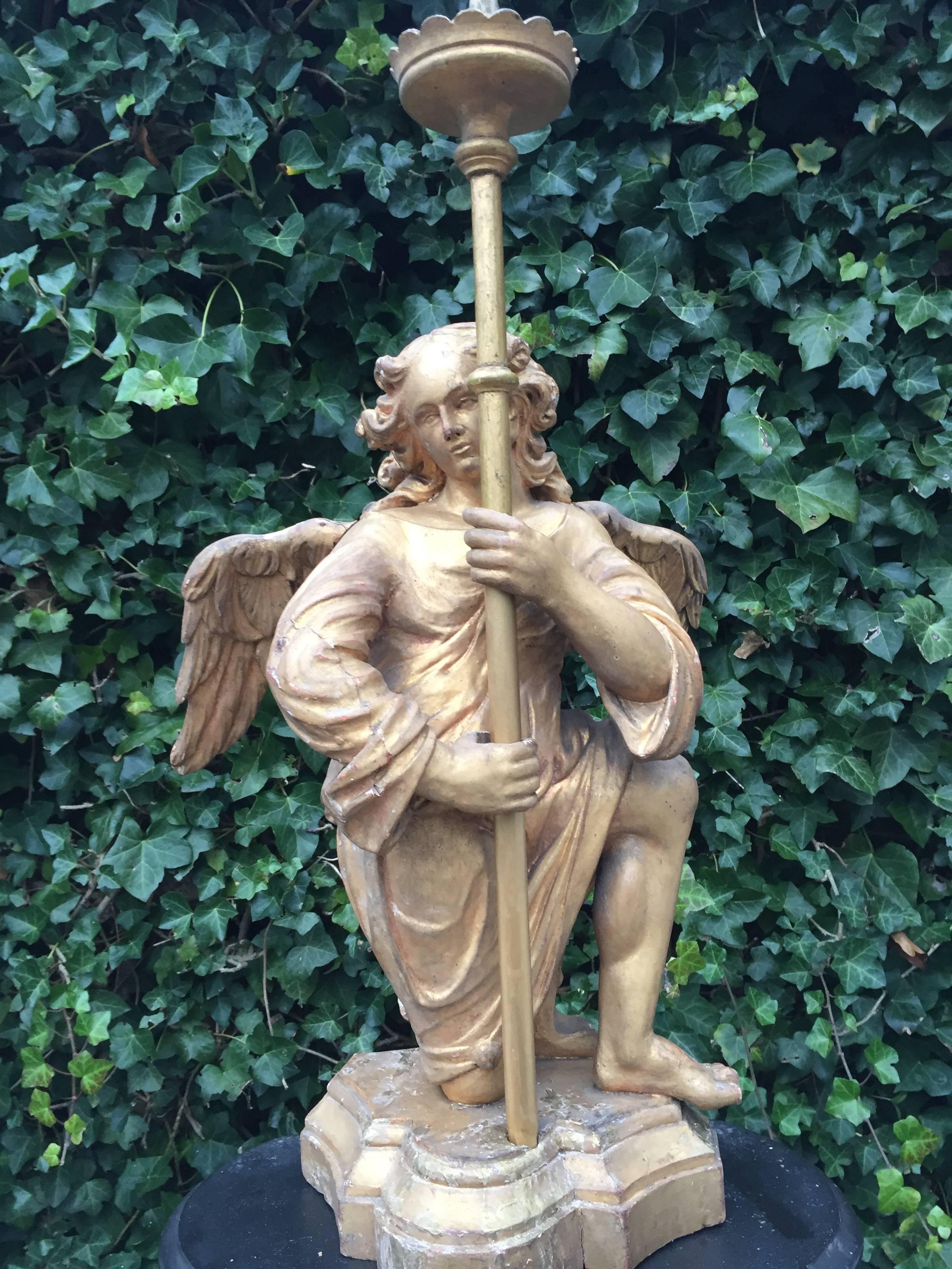 Dutch Antique 18th Century Gilt Gothic Art Carved Wood Angel Sculpture Candlestick For Sale