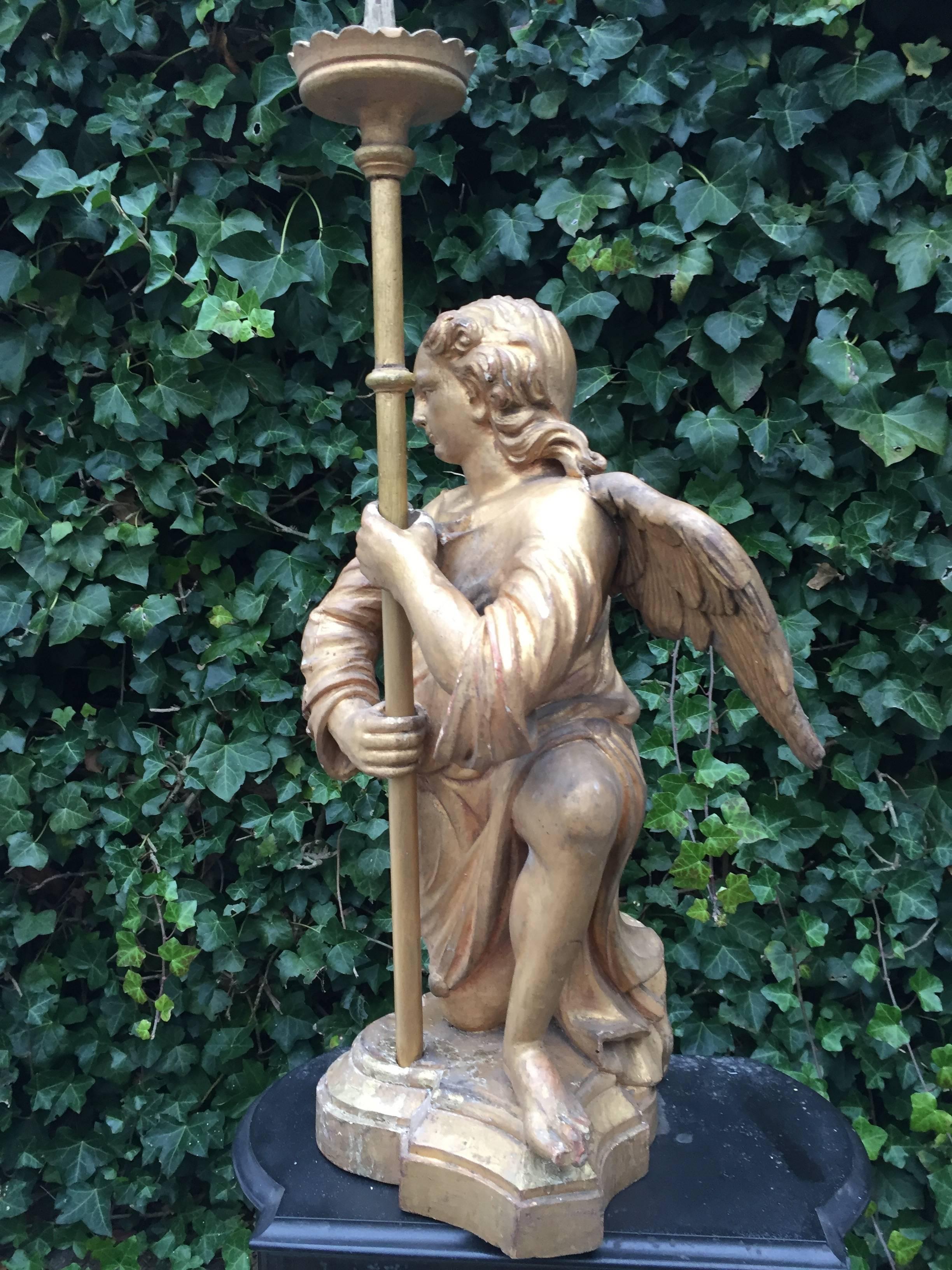 Hand-Carved Antique 18th Century Gilt Gothic Art Carved Wood Angel Sculpture Candlestick For Sale