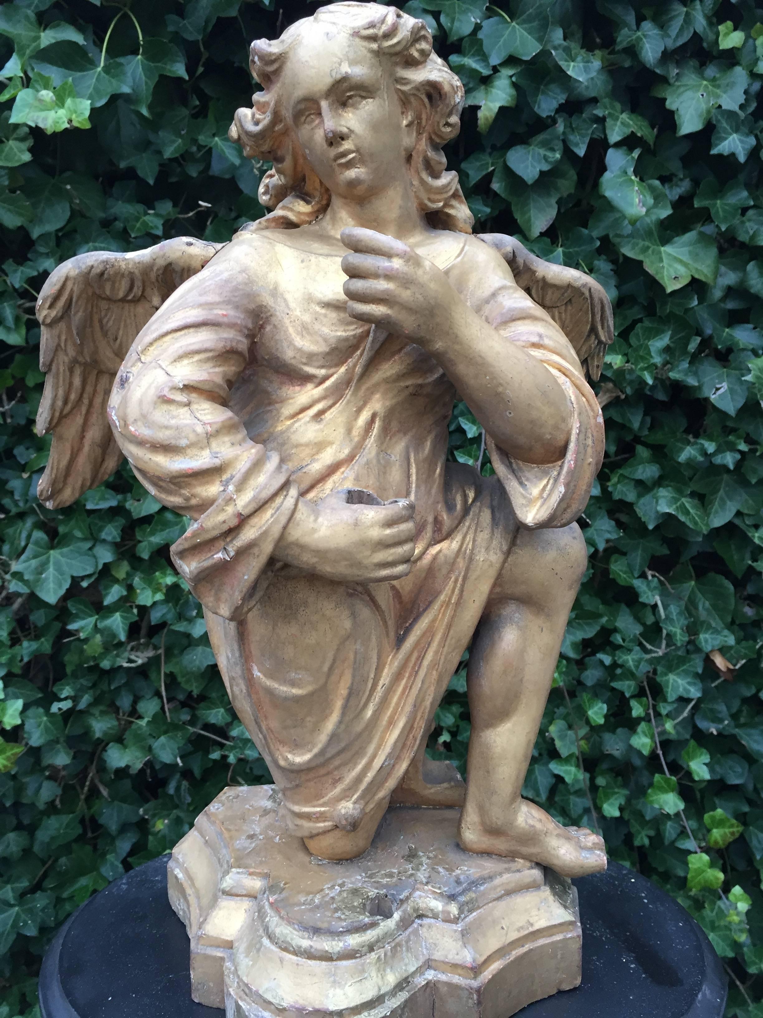 Antique 18th Century Gilt Gothic Art Carved Wood Angel Sculpture Candlestick In Good Condition For Sale In Lisse, NL