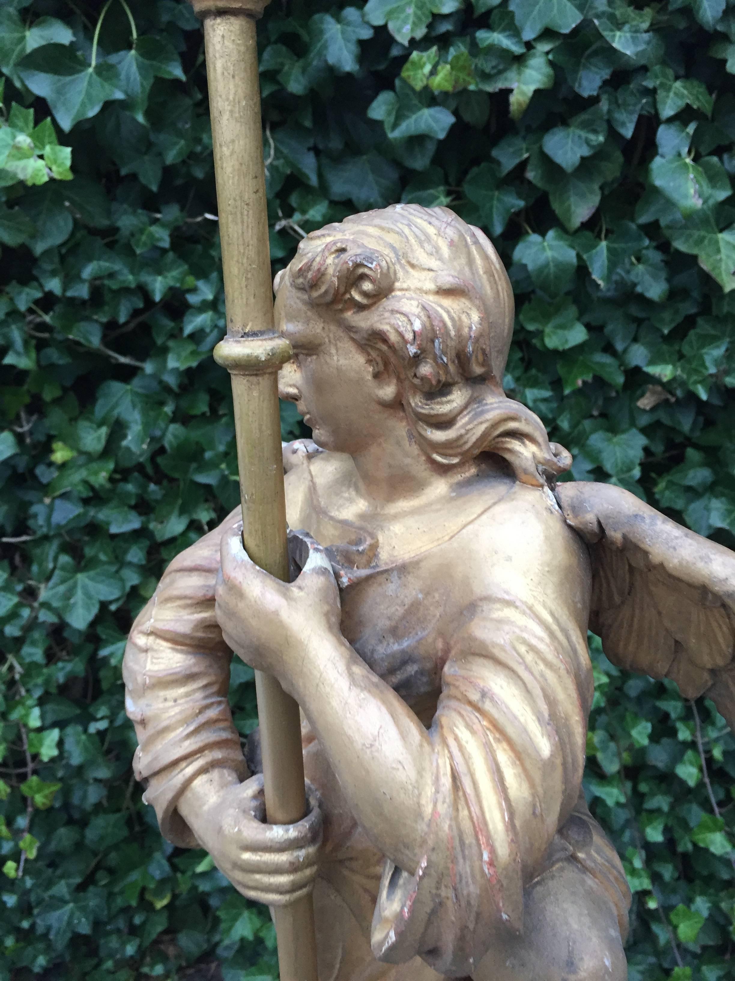 Antique 18th Century Gilt Gothic Art Carved Wood Angel Sculpture Candlestick For Sale 1