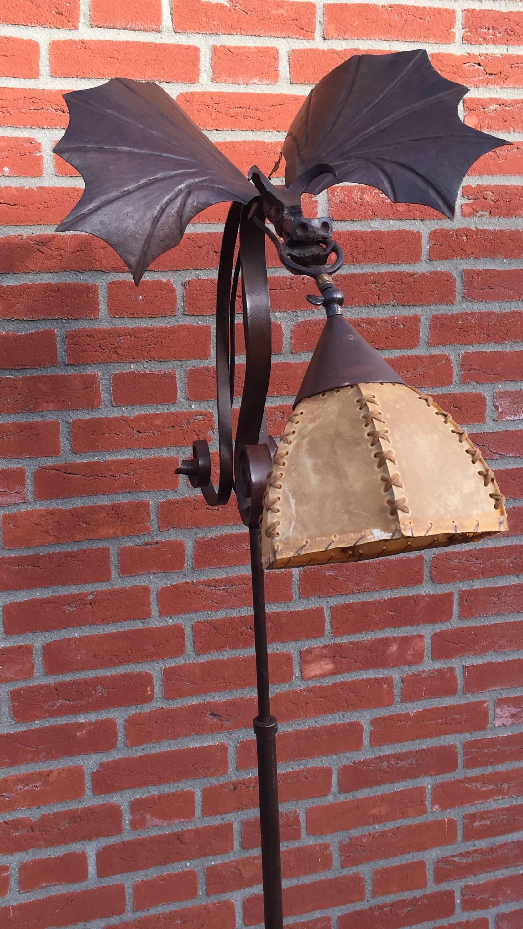 Dutch Amazing Arts & Crafts Wrought Iron Winged and Flying Dragon Floor Lamp