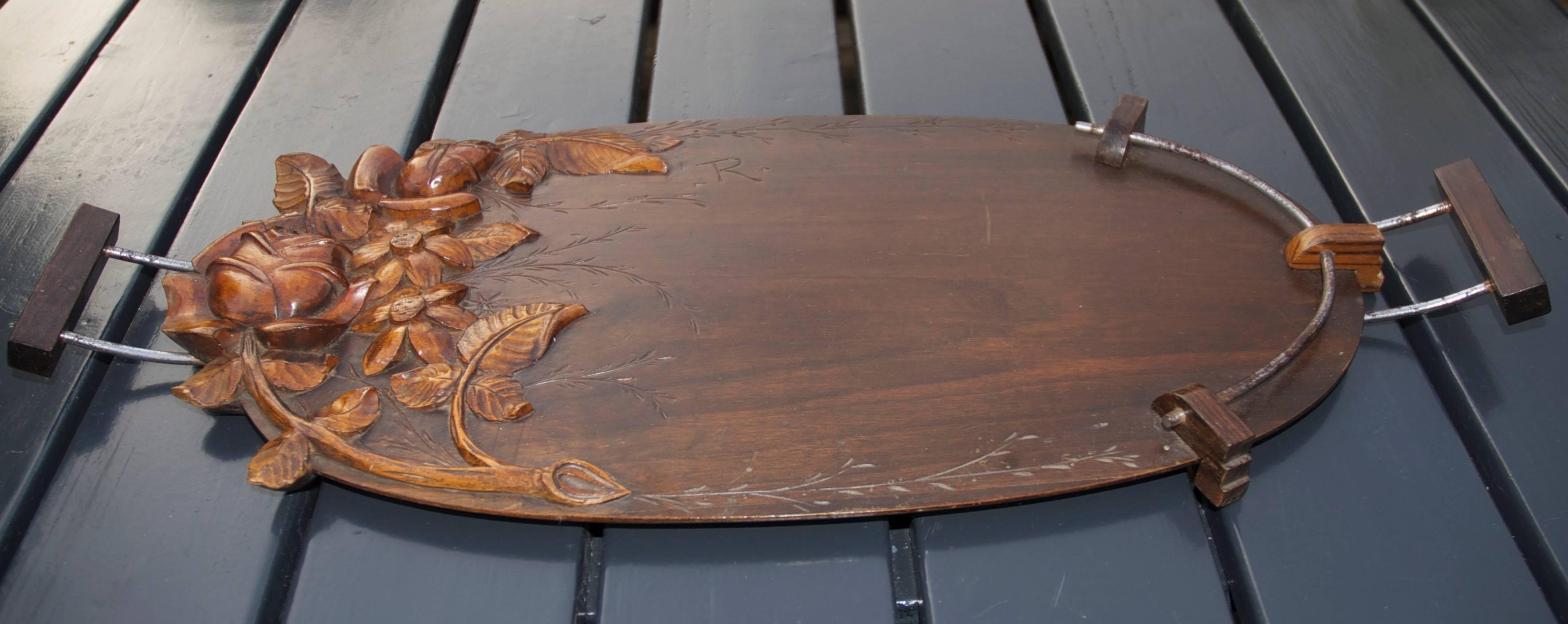 French Unique Art Deco Carved Wood Display or Serving Tray with Floral Design For Sale