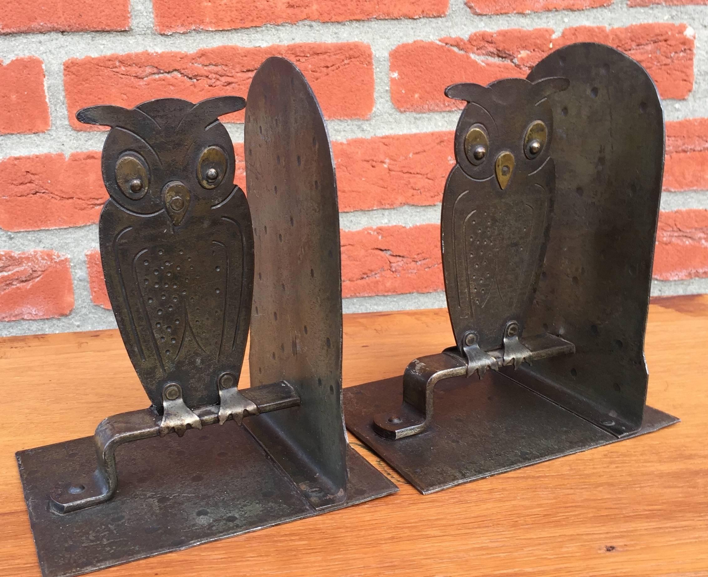 20th Century Vintage Pair of Hammered Metal Owl Bookends by Goberg, Hugo Berger, Germany