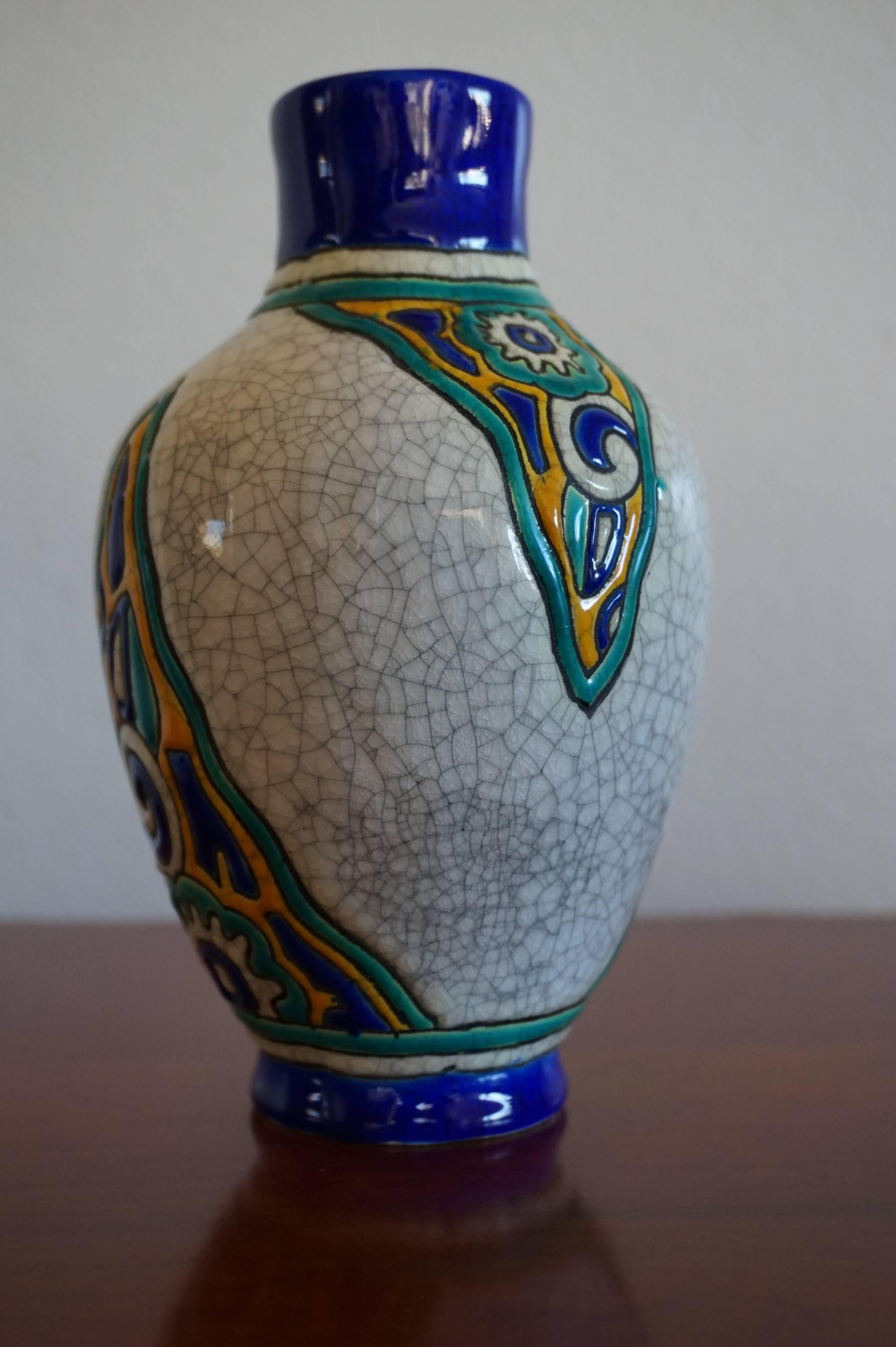 Charles Catteau Keramis Art Deco Glazed Vase Pottery Earthenware Floral Motif In Excellent Condition In Lisse, NL