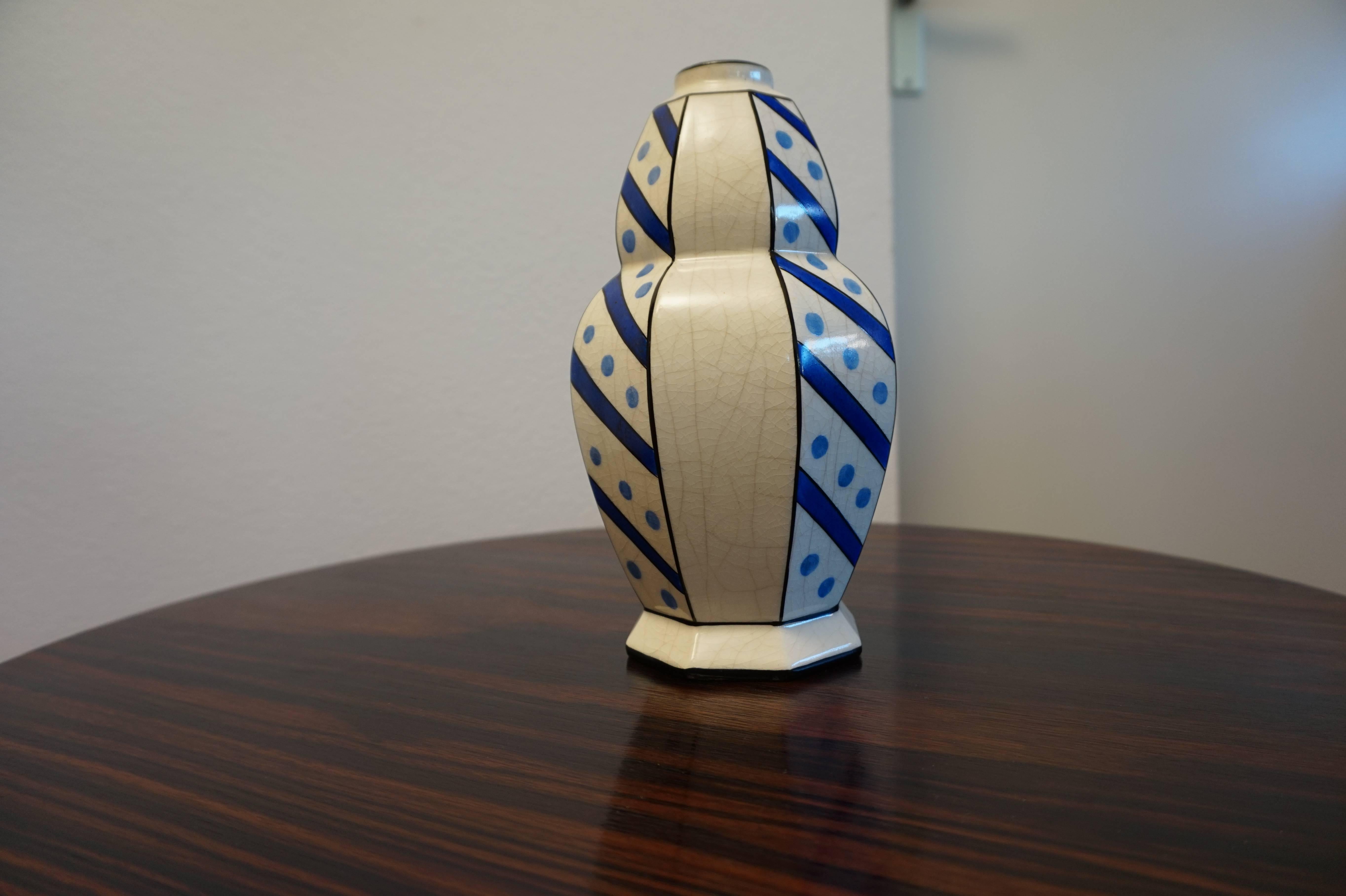 Belgian Glazed Art Deco Design Vase Attributed to Charles Catteau Blue Dotts and Stripes For Sale
